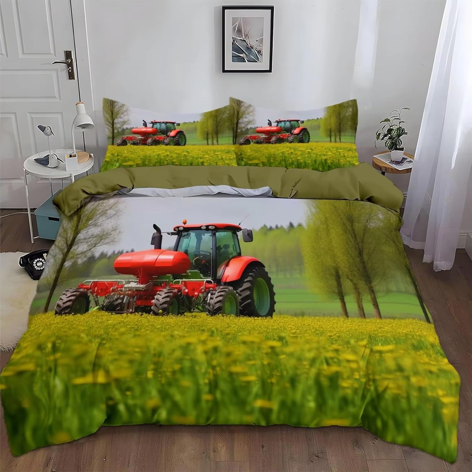 Bettwäsche 155x220 GrüN Traktor Bettwäsche-Set mit Reißverschluss Schließung und 2 Kopfkissenbezug 80x80 cm - Weicher Atmungsaktive Mikrofaser Bettbezug für Kinder Mädchen