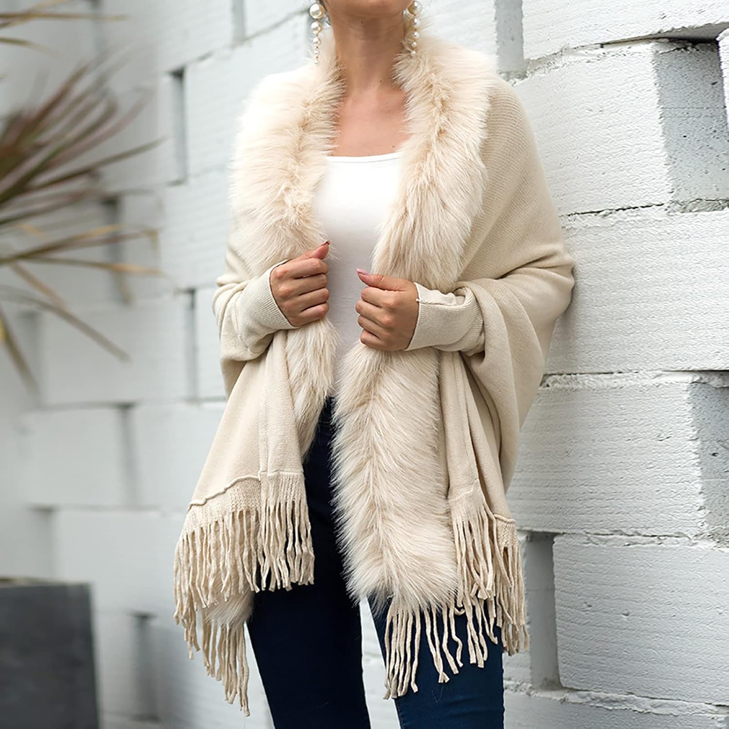 Women Luxury Bridal Faux Fur Shawl Wraps Cloak Coat Sweater Cape Stylish Cozy Long Sleeve Open Front Fringe Cardigan - Image 3