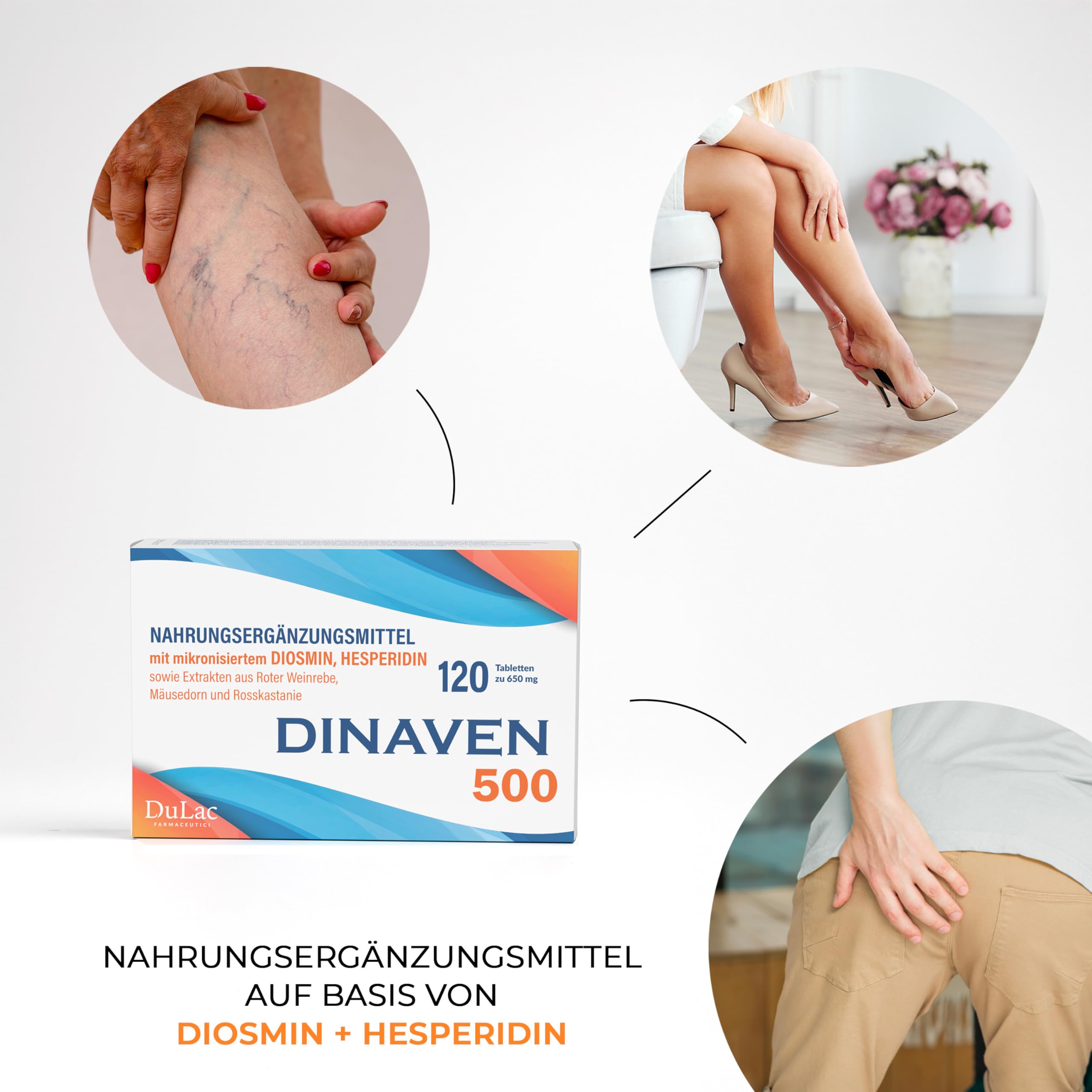 Dulac – Dinaven 500, Nahrungsergänzung für Schwere und Geschwollene Beine, 120 Tabletten, für Venen und Lymphdrainage Beine, Ideal bei Krampfadern, mit Diosmin und Hesperidin, Made in Italy