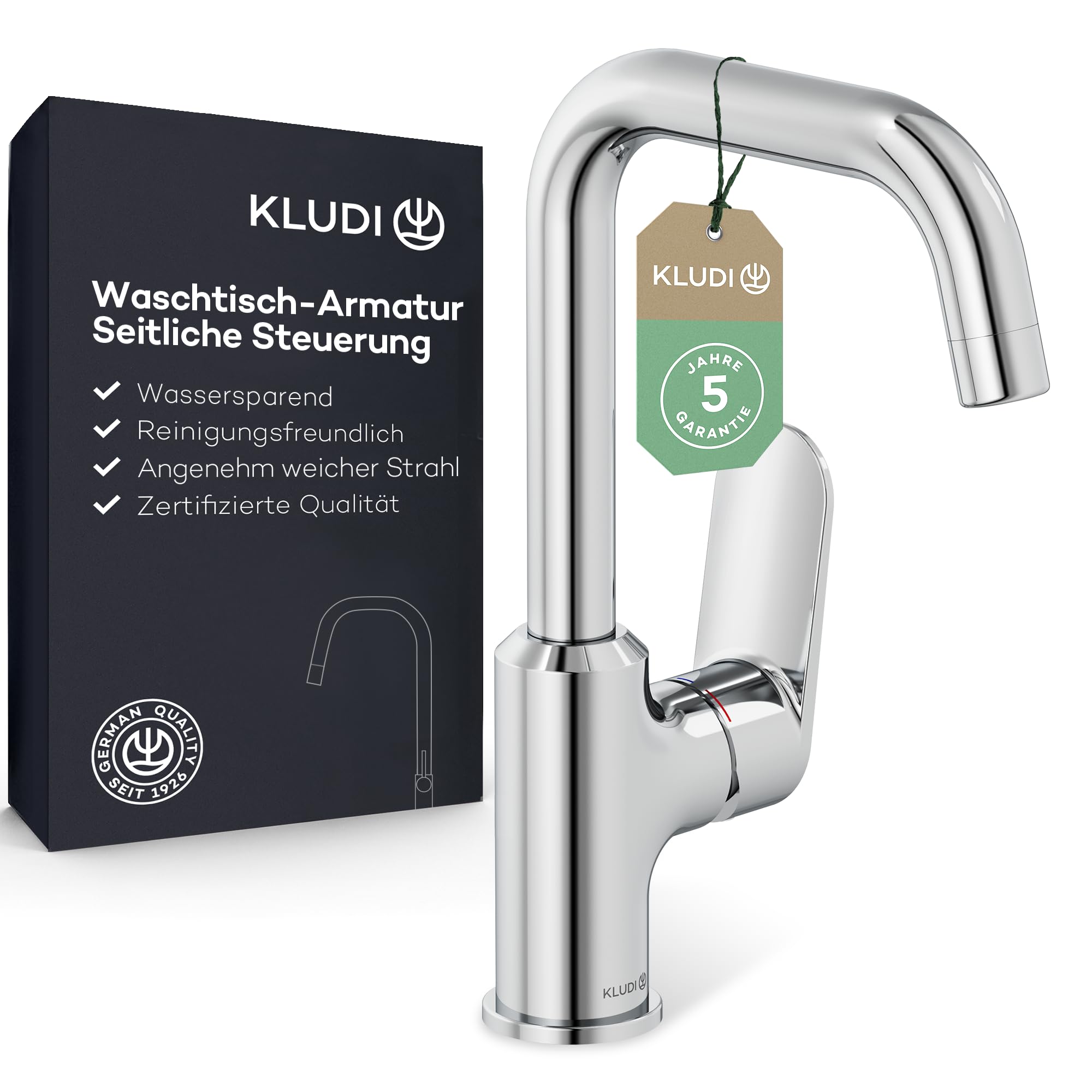 KLUDI - X1 bateria umywalkowa, obracana o 360°, wysokość wylotu 205 mm, oszczędzający wodę kran łazienkowy rozmiar L, wkład ceramiczny, bateria mieszakowa umywalka z wężami przyłączeniowymi w kolorze