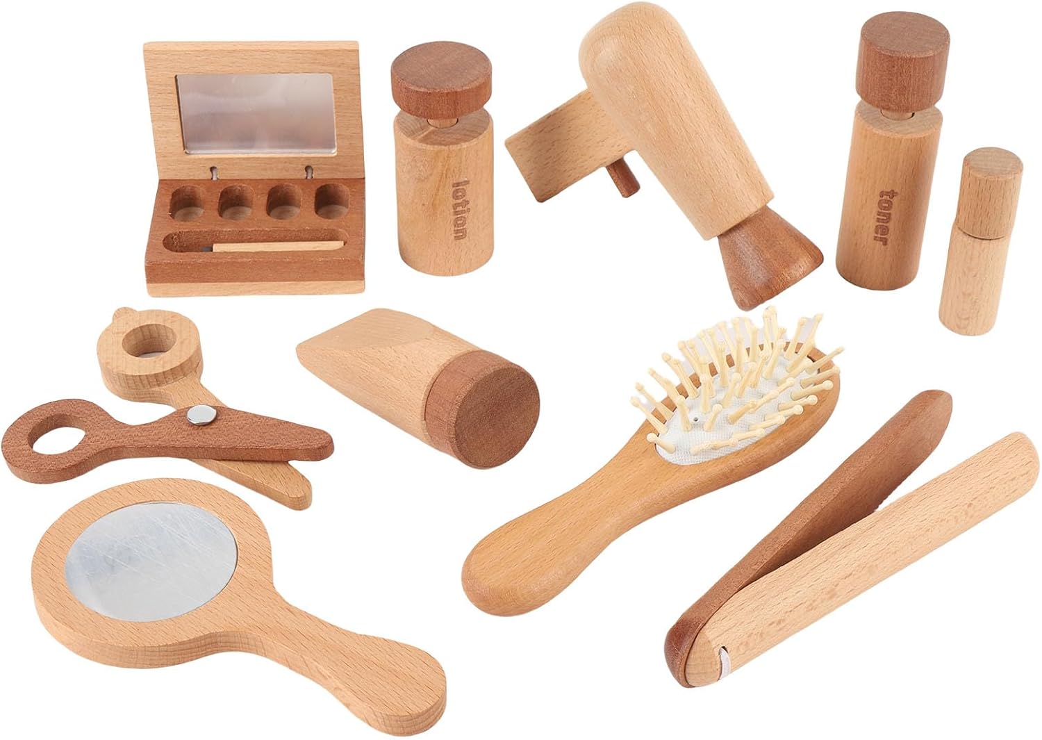 RiToEasysports Wooden Makeup Toy Pretend Makeup Kit Toddler for Girls with Hairdryer Mirror Creative Play Princess Role Play Safe Durable