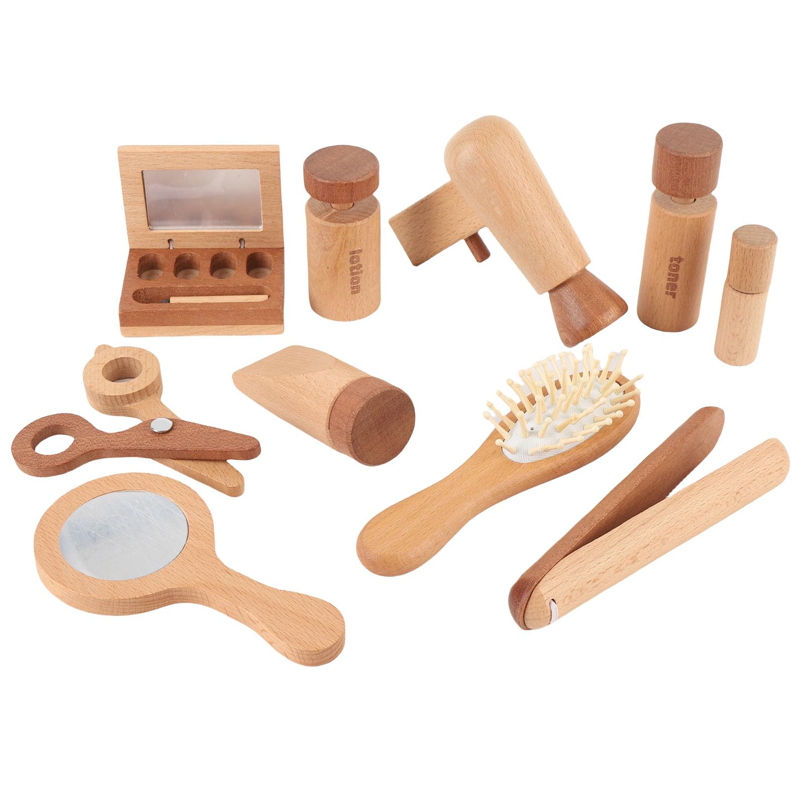 Juego de 11 juguetes de maquillaje de madera para juegos de rol creativos, bonito salón de belleza, con secador de pelo, espejo y accesorios para niñas