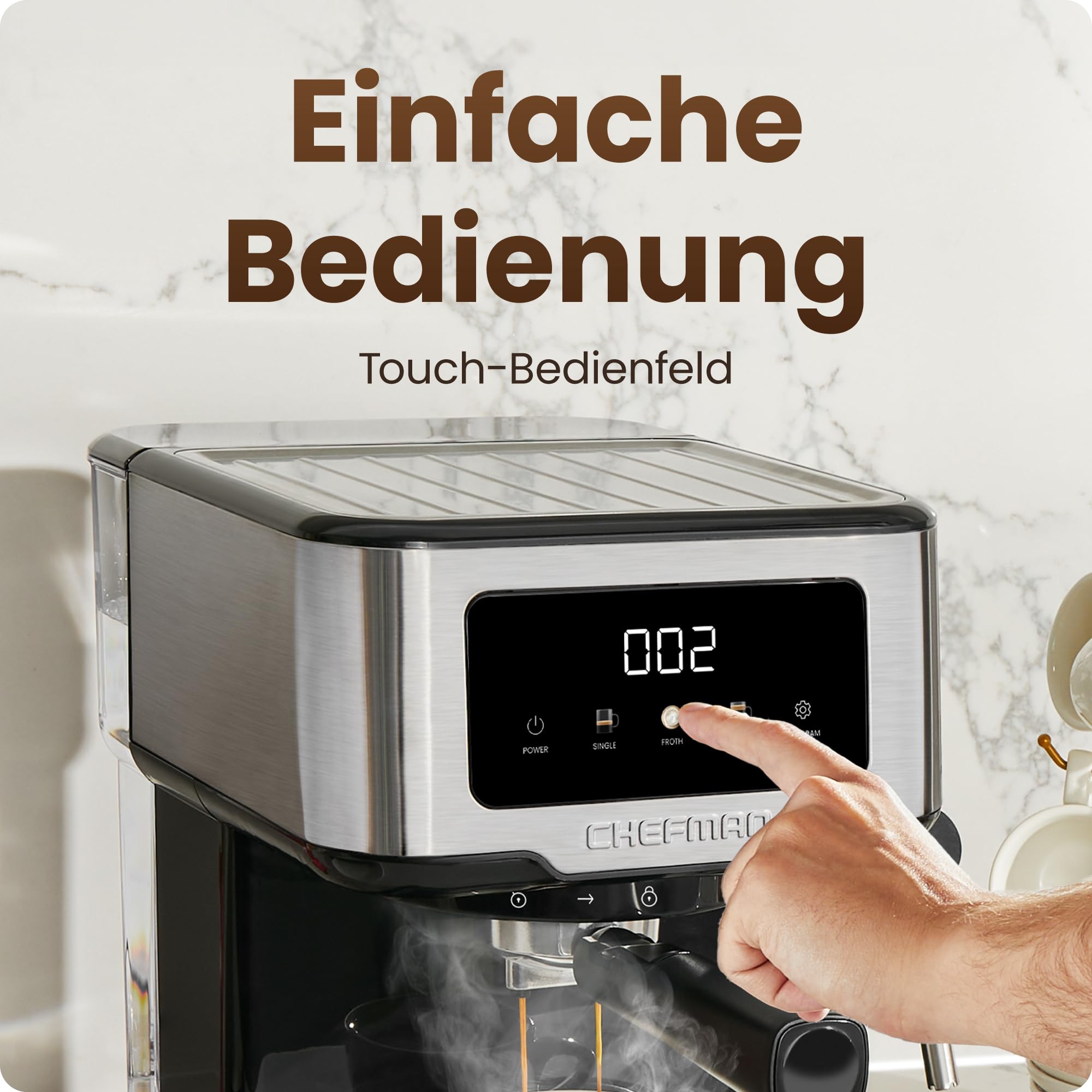 Chefman CraftBrew 15-Bar-Siebträgermaschine, 1,5L-Wassertank, Dampfstab | digitaler Touchscreen, Latte & Cappuccino, kompakt, abnehmbar, Edelstahl