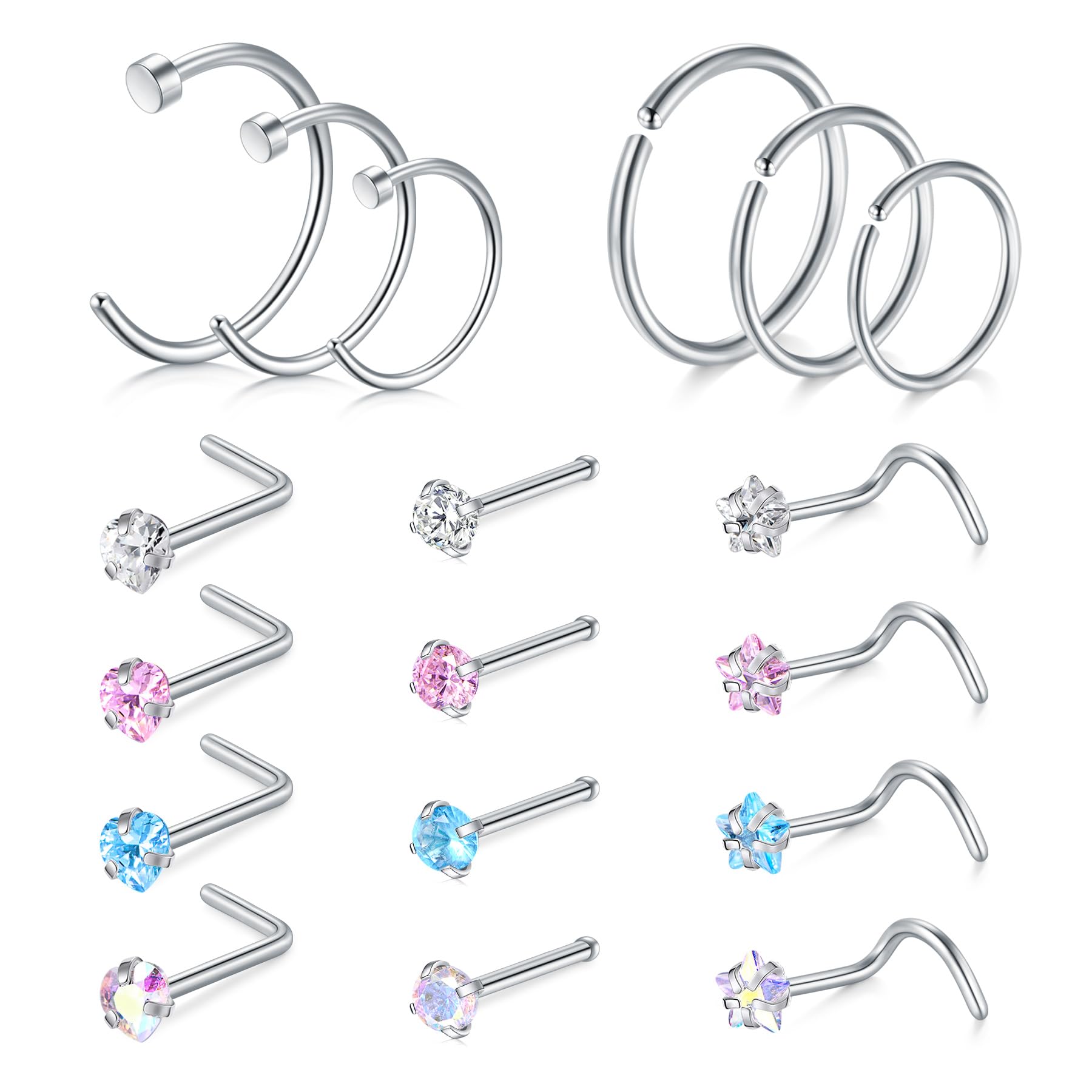 AVYRING Nose Rings Hypoallergenic Stainless Steel L-Shaped Nose Stud Screws with Cubic Zirconia Nose Piercing Jewellery 22G 20G 18G, Pack of 18 Pieces or 24 Pieces — view 12