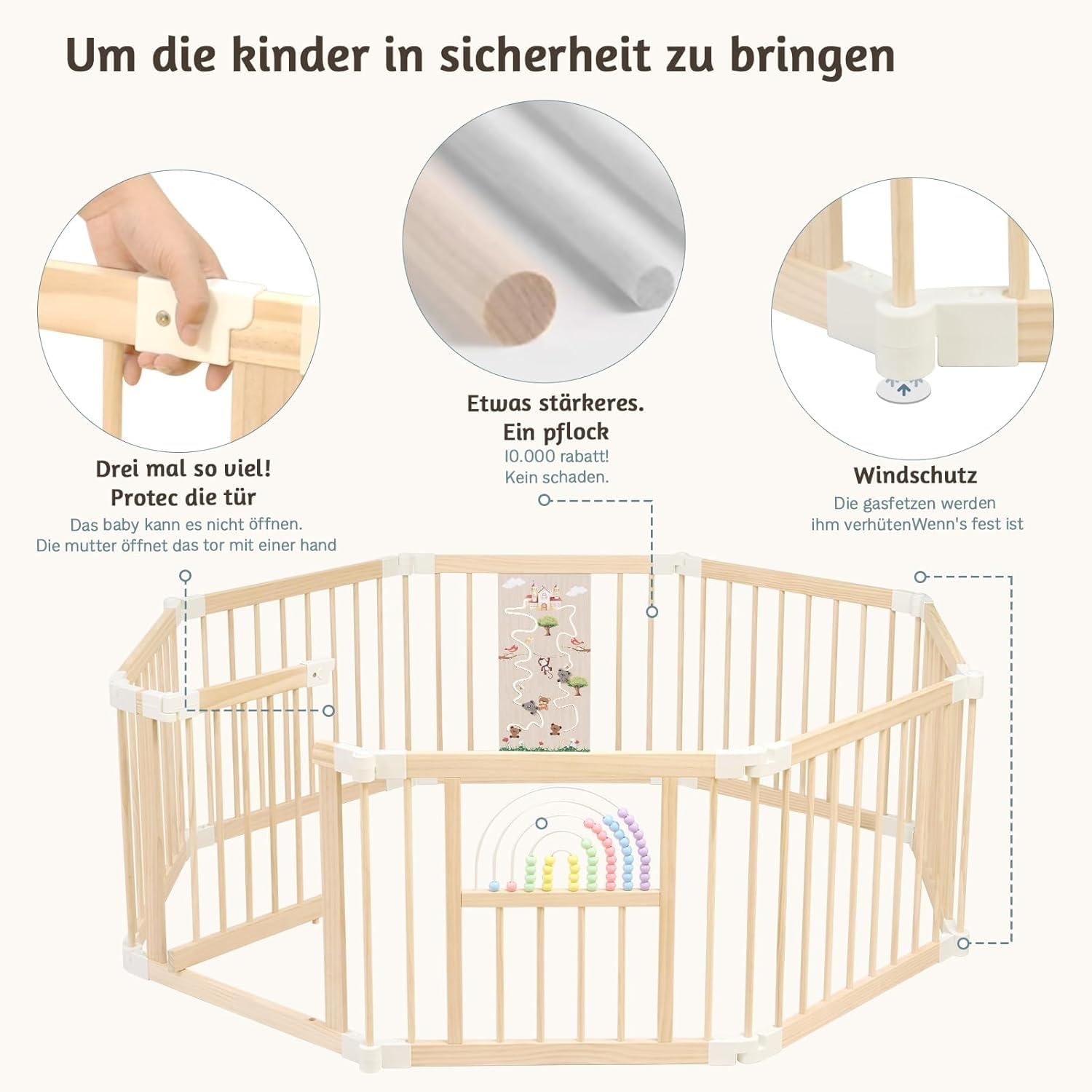 Baby Laufstall mit Spielzeug, Faltbares Holz Laufgitter 145×145×61cm | Sicherer & stabiler Großes Babys Laufgitter,Nachhaltiger Laufstall,Fröhliche Krabbelbereich für 1-3 Jahren Babys＆Kleinkinder