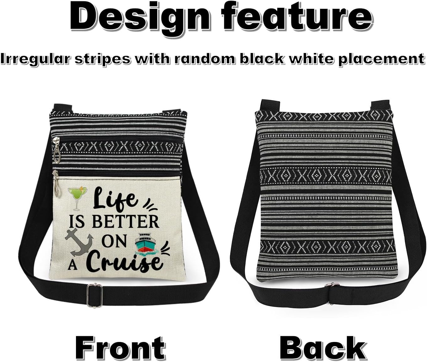 Cruise Life Crossbody Bag with Adjustable Strap Better on Ship Print with Drink Glass and Anchor Messenger Bag for Vacation Adults Travel Gift for Birthday or Christmas (White)