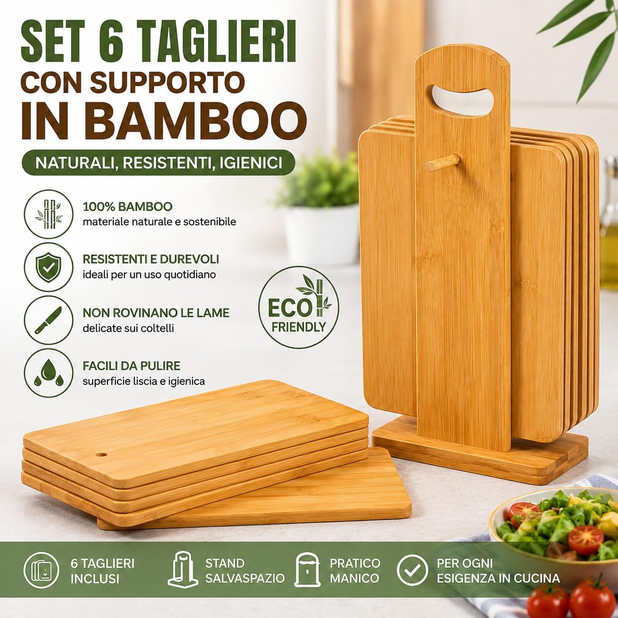Set taglieri per colazione 6 pezzi in bambu con portatagliere | Piccoli taglieri in legno per colazione,antibatterico facile da pulire