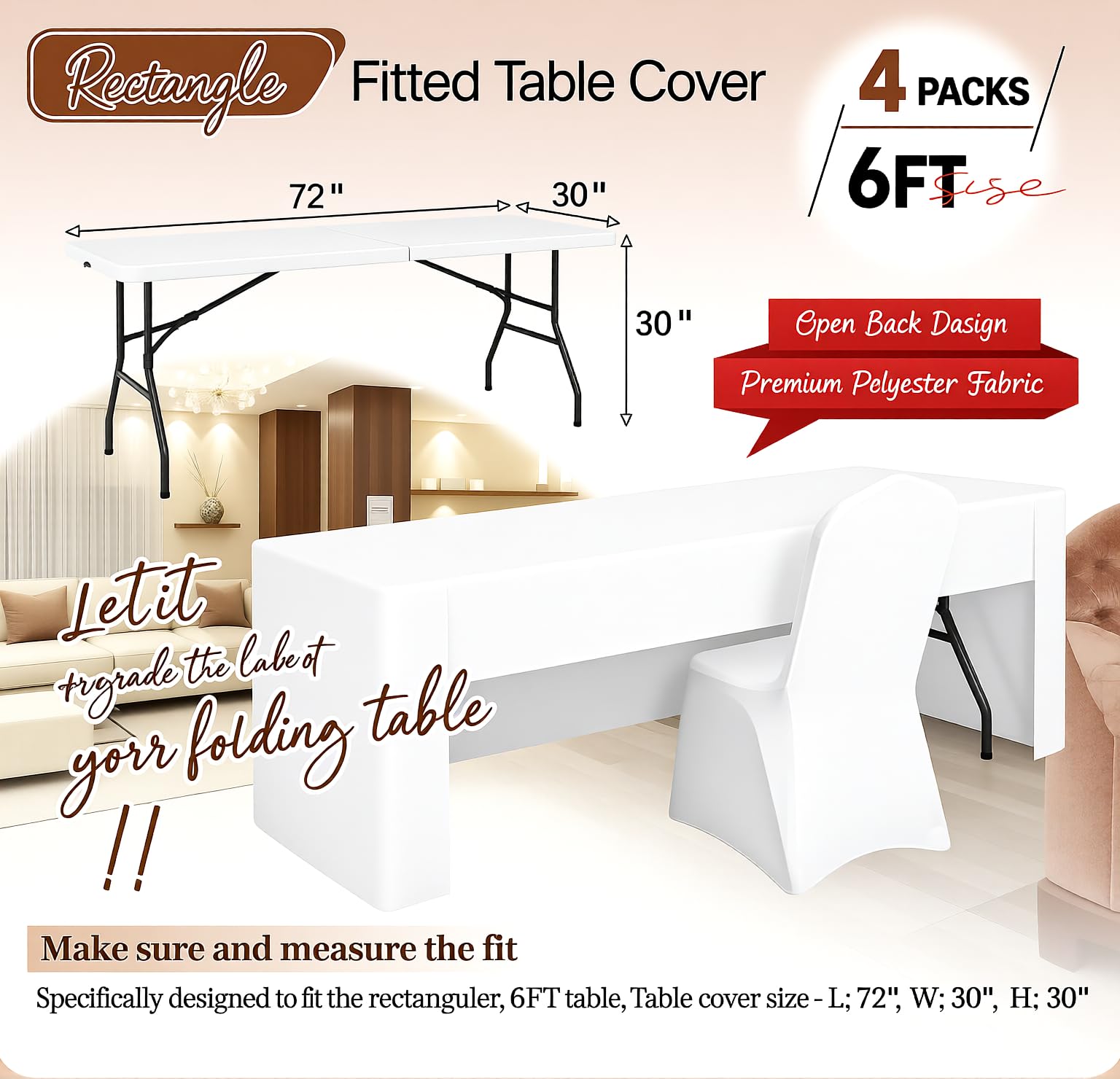 Teruntrue Paquete de 4 manteles ajustables para mesas rectangulares de 1,8 m, tela lavable, para ferias, ferias, fiestas, bodas, eventos, color blanco