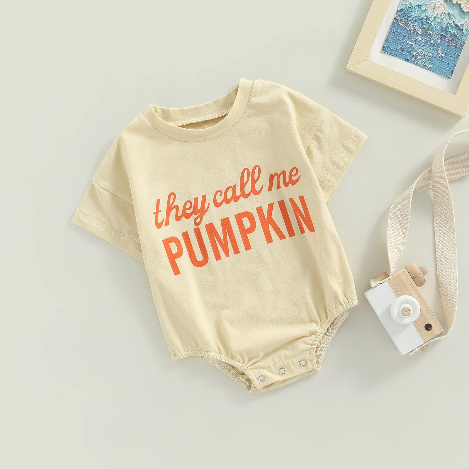 Baby Boys Girls Halloween Romper Short Sleeve Pumpkin Letter Print Bodysuit Casual One-Piece Outfits (Apricot, 0-6 Months)