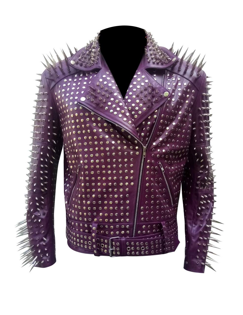 Men's Studded Cowhide Leather Biker Jacket - Punk Rock Spiked Brando Coat