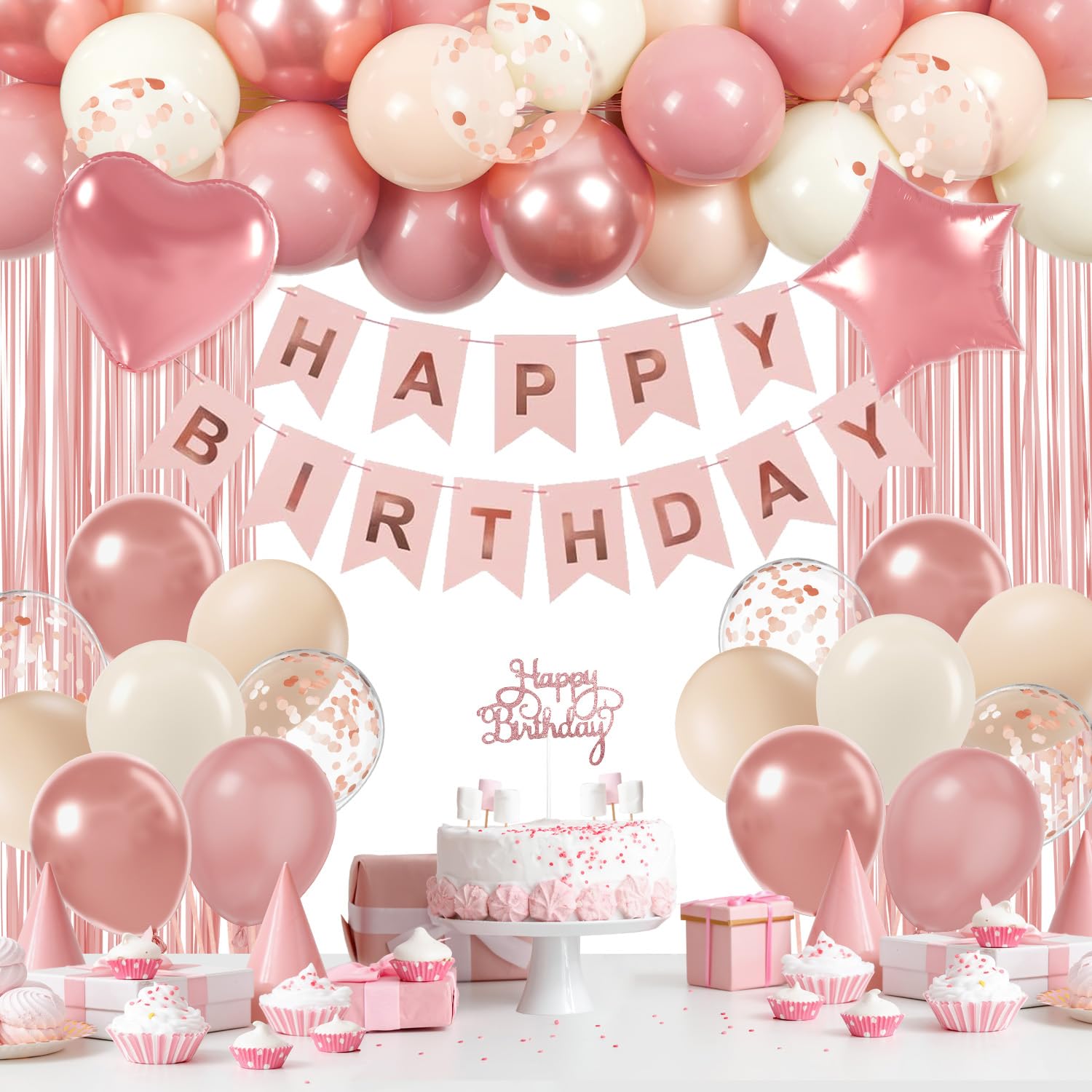 Pink Birthday Decorations for Women with Metallic Rose Gold Dusty Pink Balloons Happy Birthday Banner Fringe Curtains for Women Birthday Decorations
