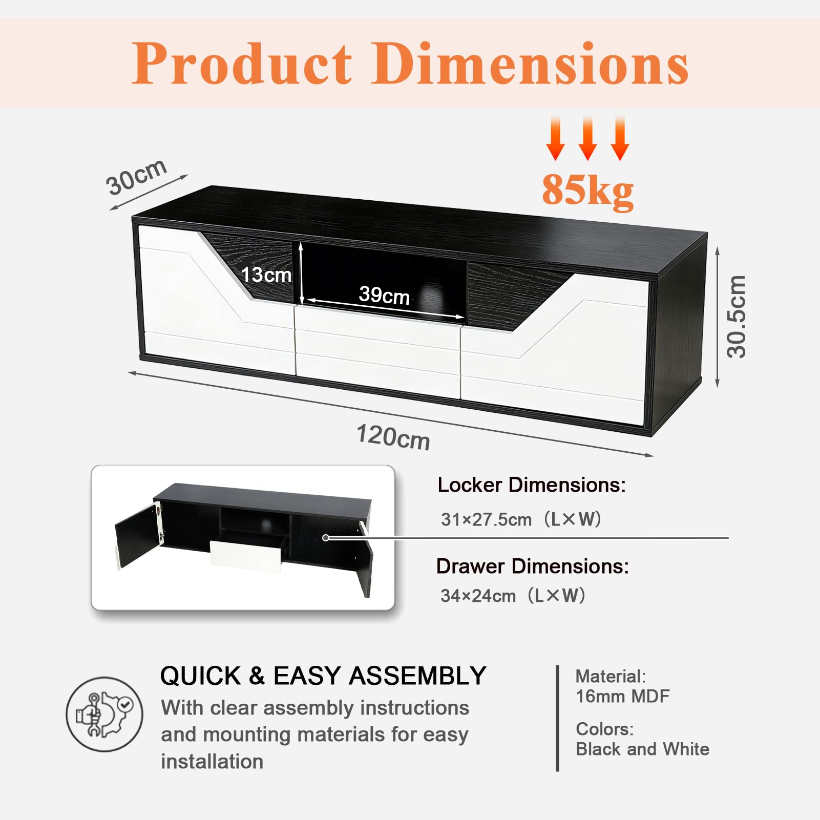 TV Lowboard Stehend 120cm, TV Schrank mit 2 Türen, TV Board für Fernseher bis zu 50 Zoll, Fernsehschrank mit Schublade und offenem Fach für Wohnzimmer und Schlafzimmer, Schwarzweiß