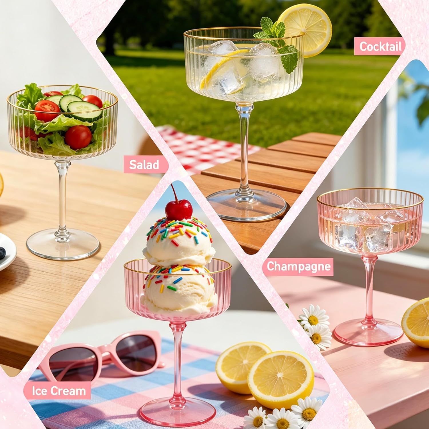 24 Pcs Transparent Martini Glasses 10 Oz Plastic Cocktail Cups, Ribbed Champagne Coupe Cup with Gold Rim Cocktail Glasses Detachable Dessert Cups Glassware Bulk for Wedding Birthday Party