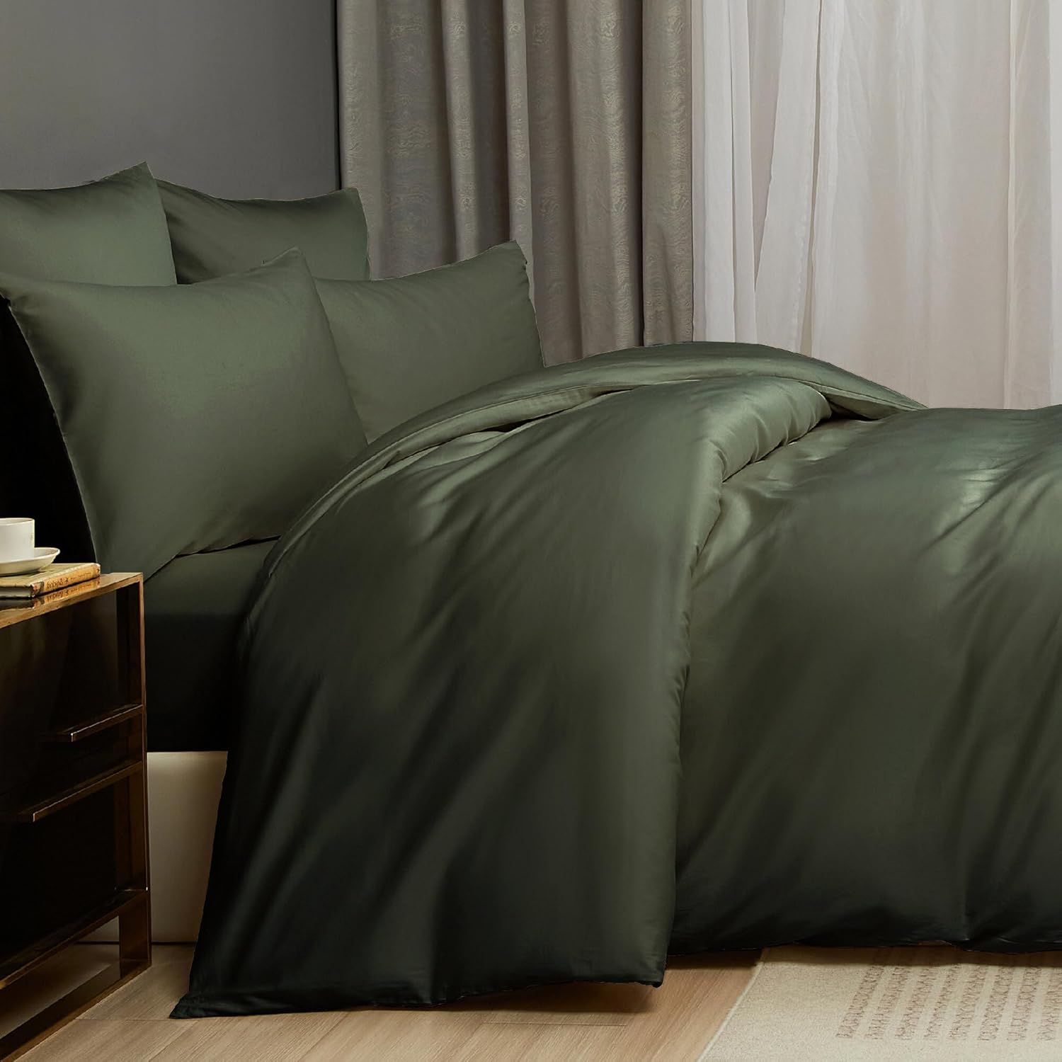 Olive Green Cotton Duvet Cover Set King 100% Long-Staple Cotton Sateen Bedding Set, Soft Breathable Smooth Organic Pure Cotton Plain Comforter Cover, Luxury Minimalist Bedroom Decor for All Season
