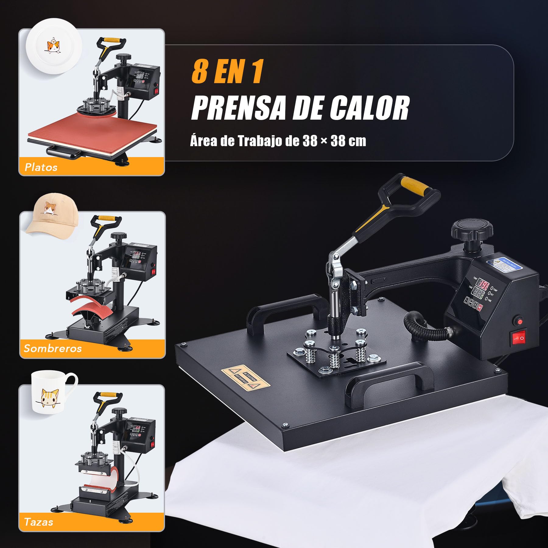 CREWORKS 8 en 1 Prensa de Calor 38x38CM Multifuncional Prensa Térmica Giratoria 360° Máquina de Prensa en Caliente para Camisetas/Bolsas/Sombreros