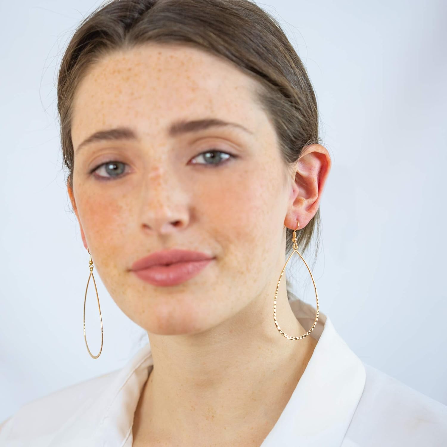 Columbus 14K Gold or Rhodium Plated Lightweight Statement Teardrop Hoop Earrings with Hammered Texture - Image 4