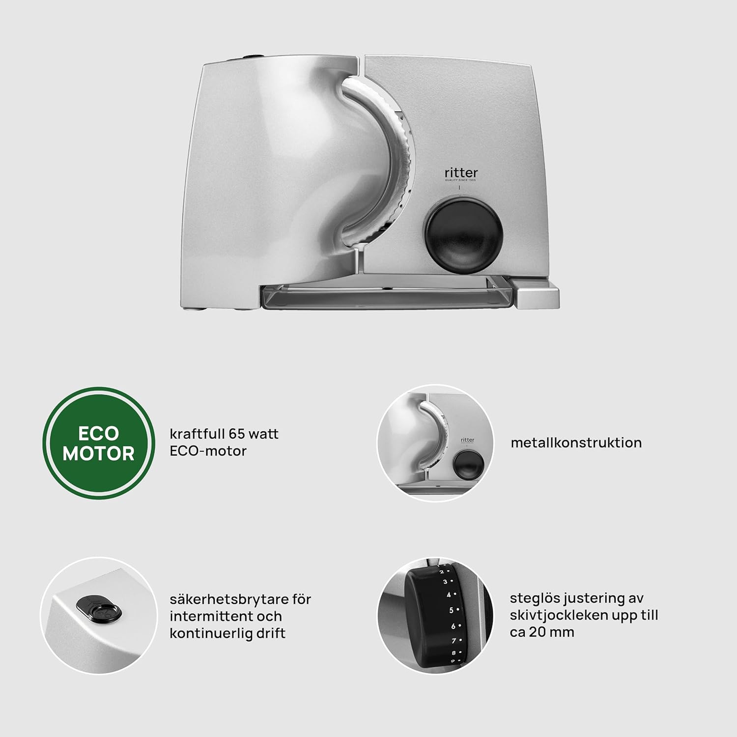 ritter compact 1 electric slicer with features highlighted: ECO motor, metal construction, safety switch, and thickness adjustment