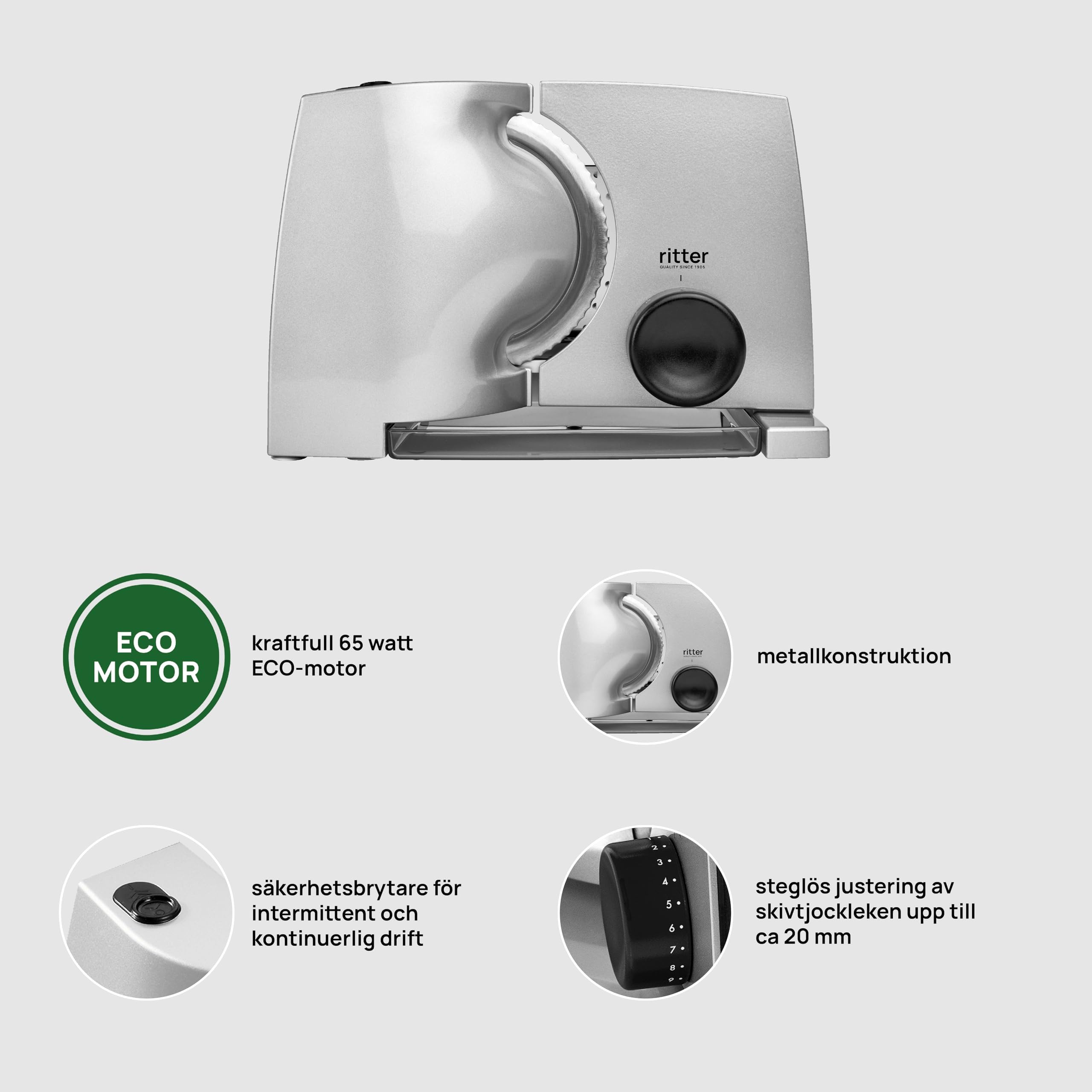 Ritter Compact 1 Affettatrice Elettrica con Motore Eco, 65 W, Metallico, Griggio