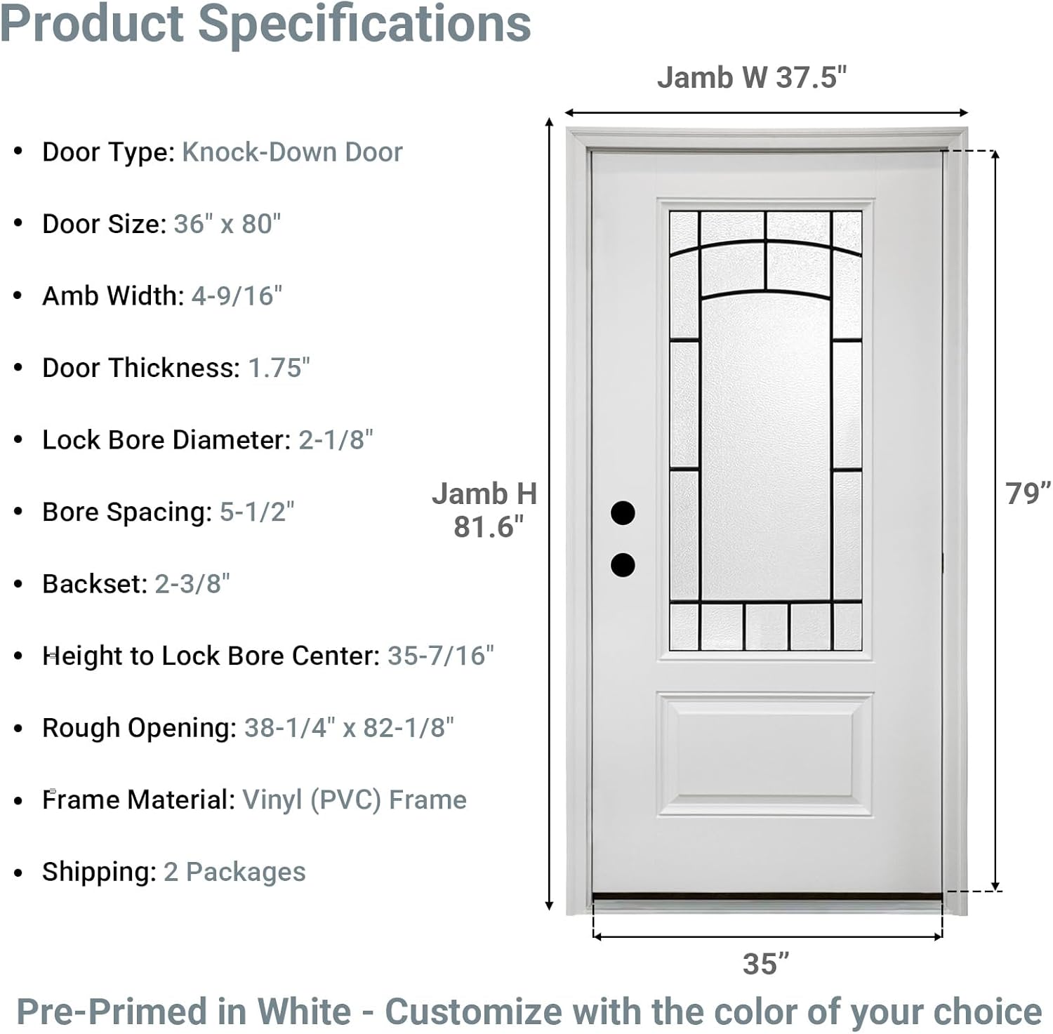 Rovibek Fiberglass Front Door, 36x80 Inch Exterior Door Right Hand Inswing, Knock-Down Entry Doors with Vinyl Frame, Brick Mould, Frosted Glass, Hinges, White Primed DIY Color Exterior Doors
