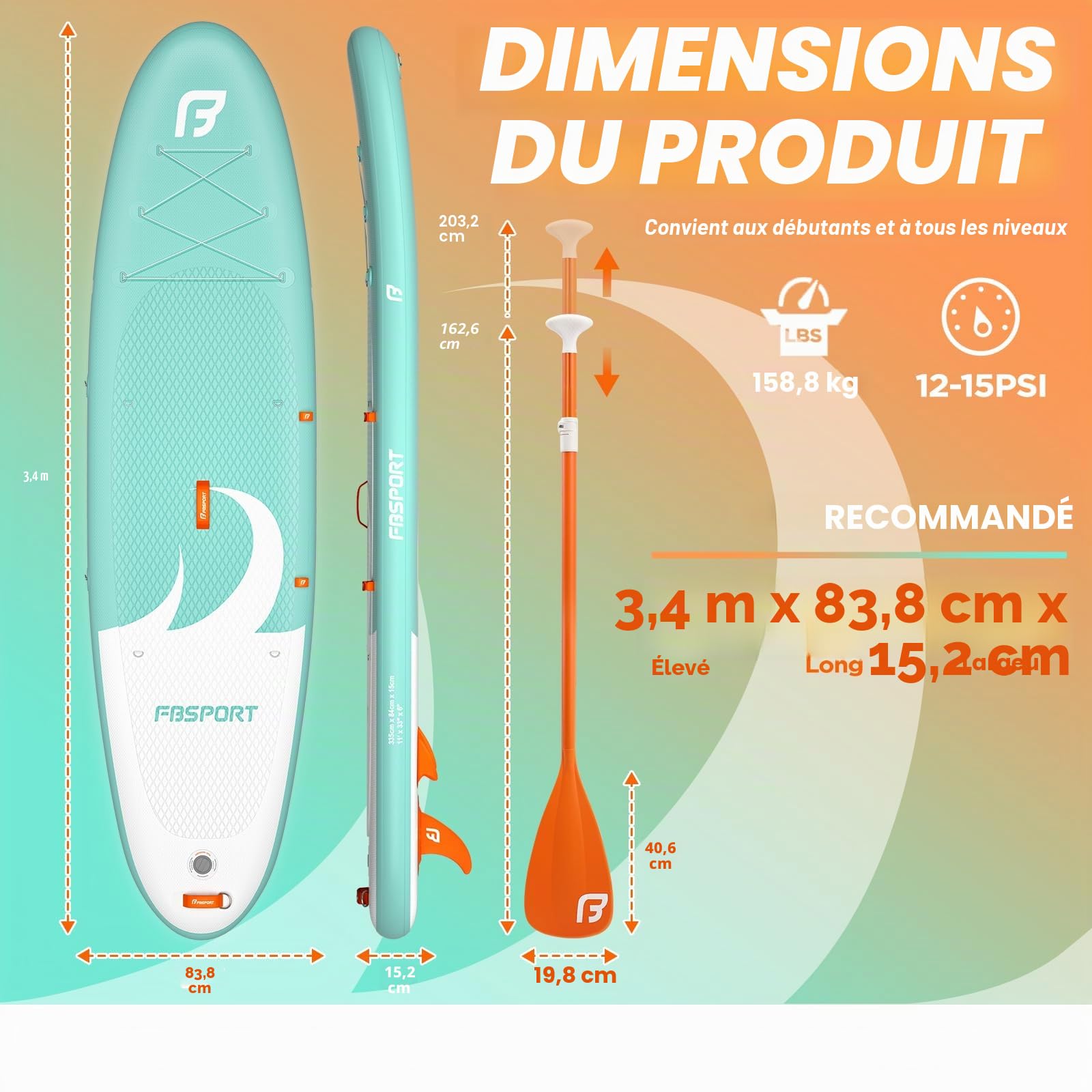 FBSPORT Planche de Surf Paddle Gonflable 335cm Stand Up Paddle avec Pagaie Réglable, Pompe, Sac & Aileron