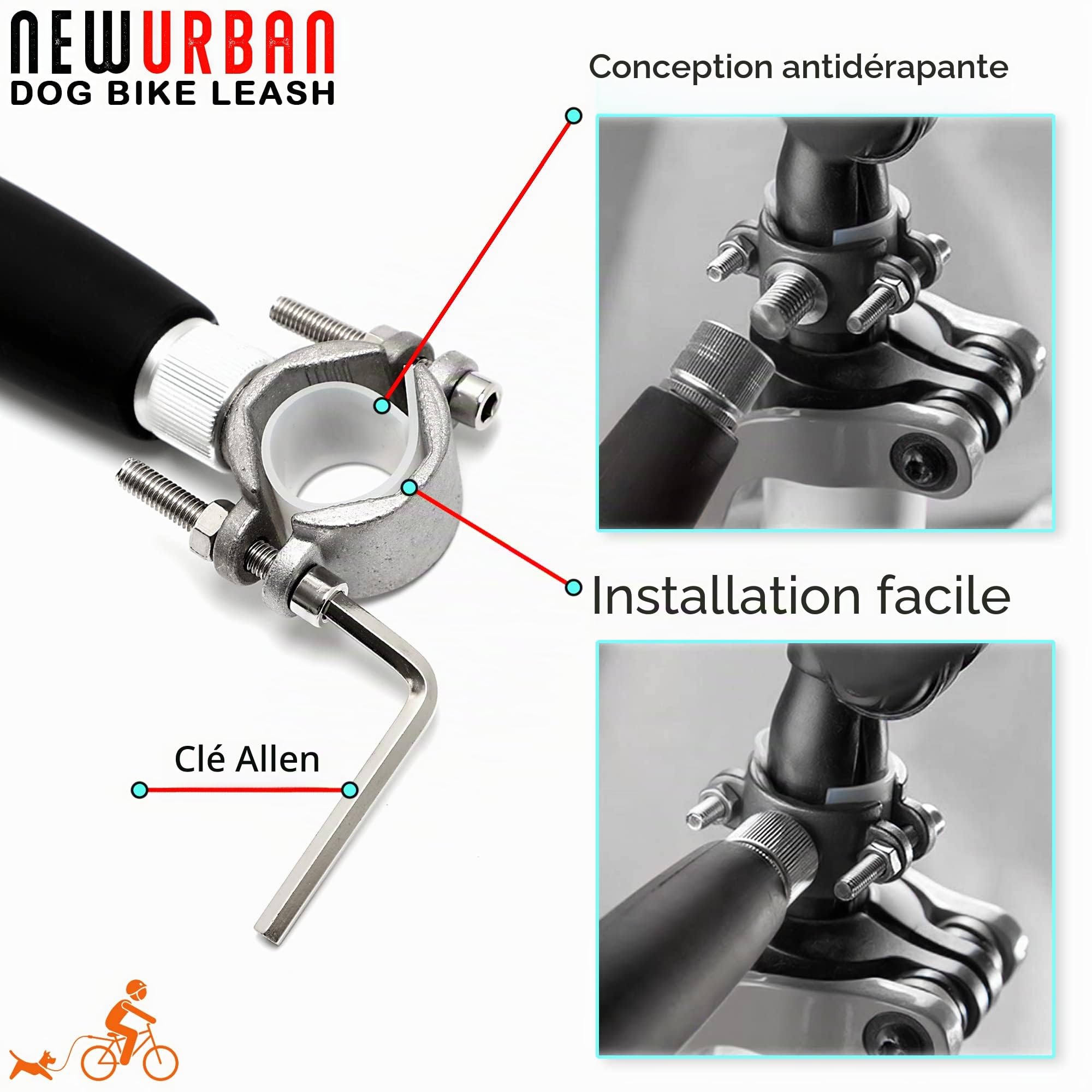 NEWURBAN Laisse de Vélo Pour Chien – Mains Libres – Acier – Entraînement Jogging Cyclisme
