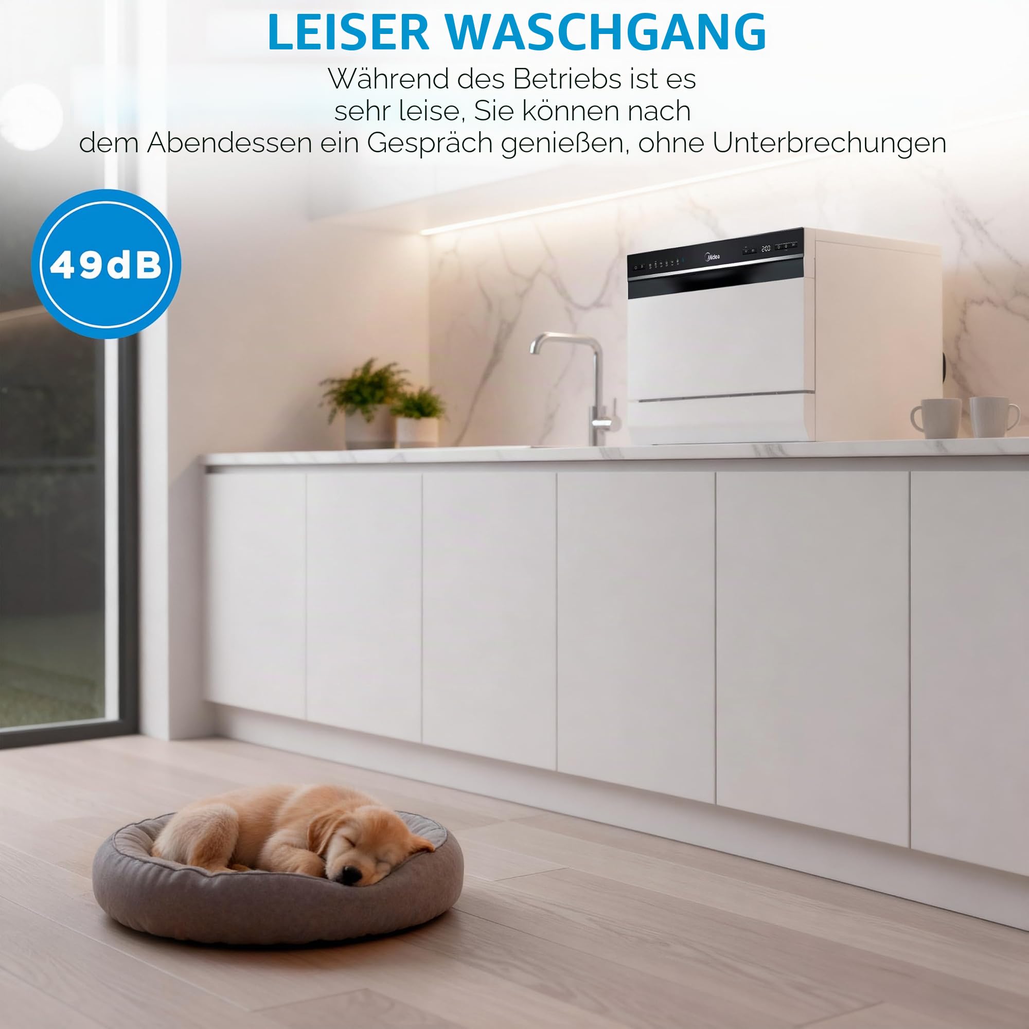 Midea Kleiner Geschirrspüler, Weiß, 55 cm, für 6 Personen, kompakt und tragbar, ohne Installation, Spülmaschine mit App Control, 6 Programme, antibakterieller Filter 49 dB, neues Modell