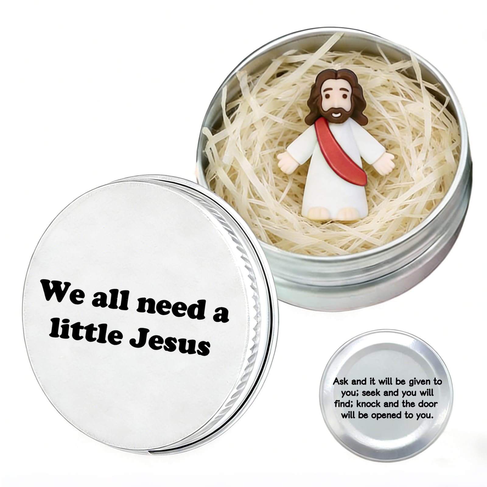 Phiomuue Red Mini Jesus Figure In Tin Box – Christian Easter Gifts With Inspirational Bible Verse "We All Need A Little Jesus" – Mini Jesus Statue For Confirmation Gifts, Baptism G-Ifts, Religious G-Ifts Ornaments