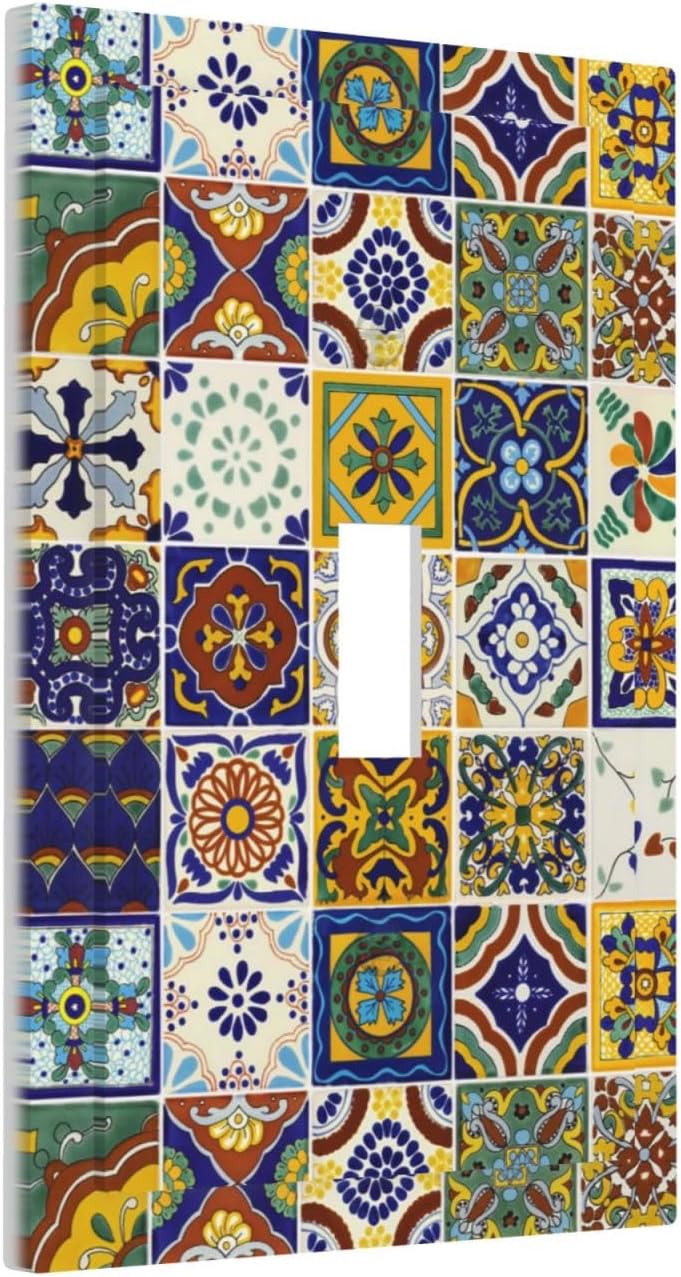 Colorful Mexican Moroccan Boho Tiles Single Toggle Outlet Light Switch Cover Kitchen Yellow/Blue Mosaic Ceramic Talavera Bohemia Tile Decorative One Device 1-Gang Electrical Switch Face Wallplate
