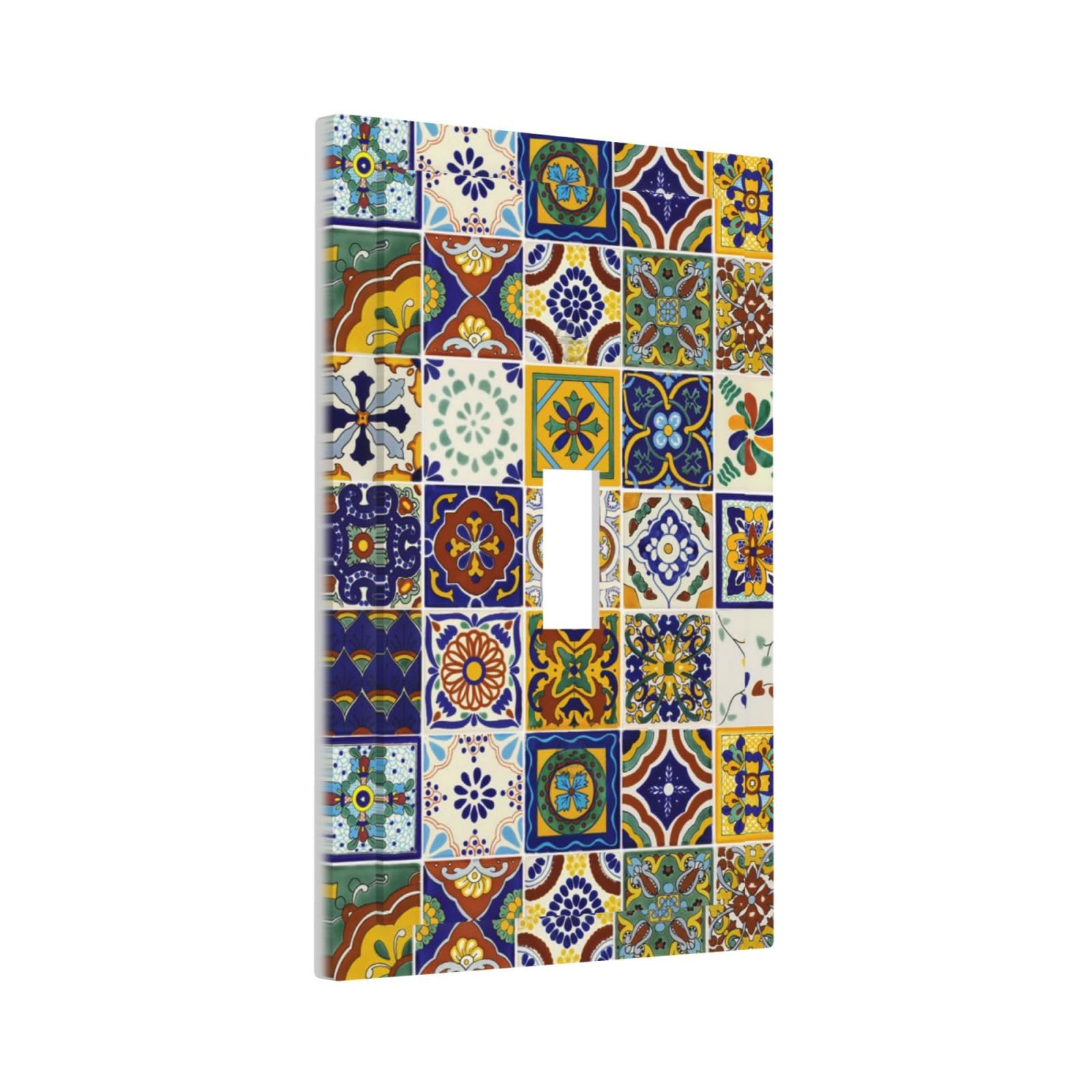 Colorful Mexican Moroccan Boho Tiles Single Toggle Outlet Light Switch Cover Kitchen Yellow/Blue Mosaic Ceramic Talavera Bohemia Tile Decorative One Device 1-Gang Electrical Switch Face Wallplate