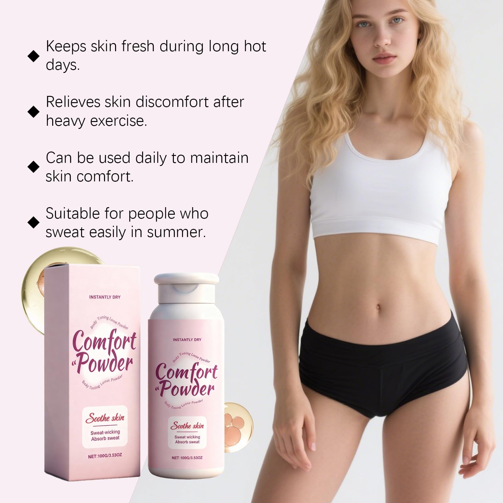 Comfort Powder, pewność siebie i ten puder do ciała bez talku absorbuje pot, zapobiega otarciom przez cały dzień, pielęgnacja całego ciała dla kobiet (1)