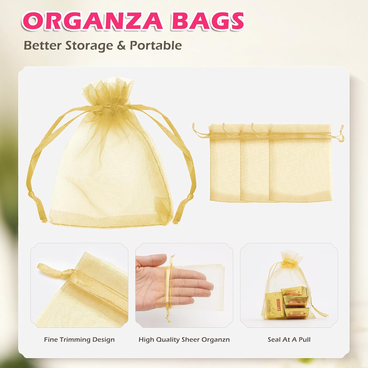 ANZNKU 100 Pcs Gold Organza Bags 3×4'', Small Mesh Gift Bag with Drawstring image 3