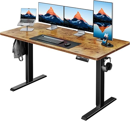 HUANUO 55" x 24" Electric Standing Desk Adjustable Height, 4 Memory Height Settings, Headphone Hook, Cable Manager, Sit Stand Up Desk for Home Office & Computer Workstation, Vintage Brown