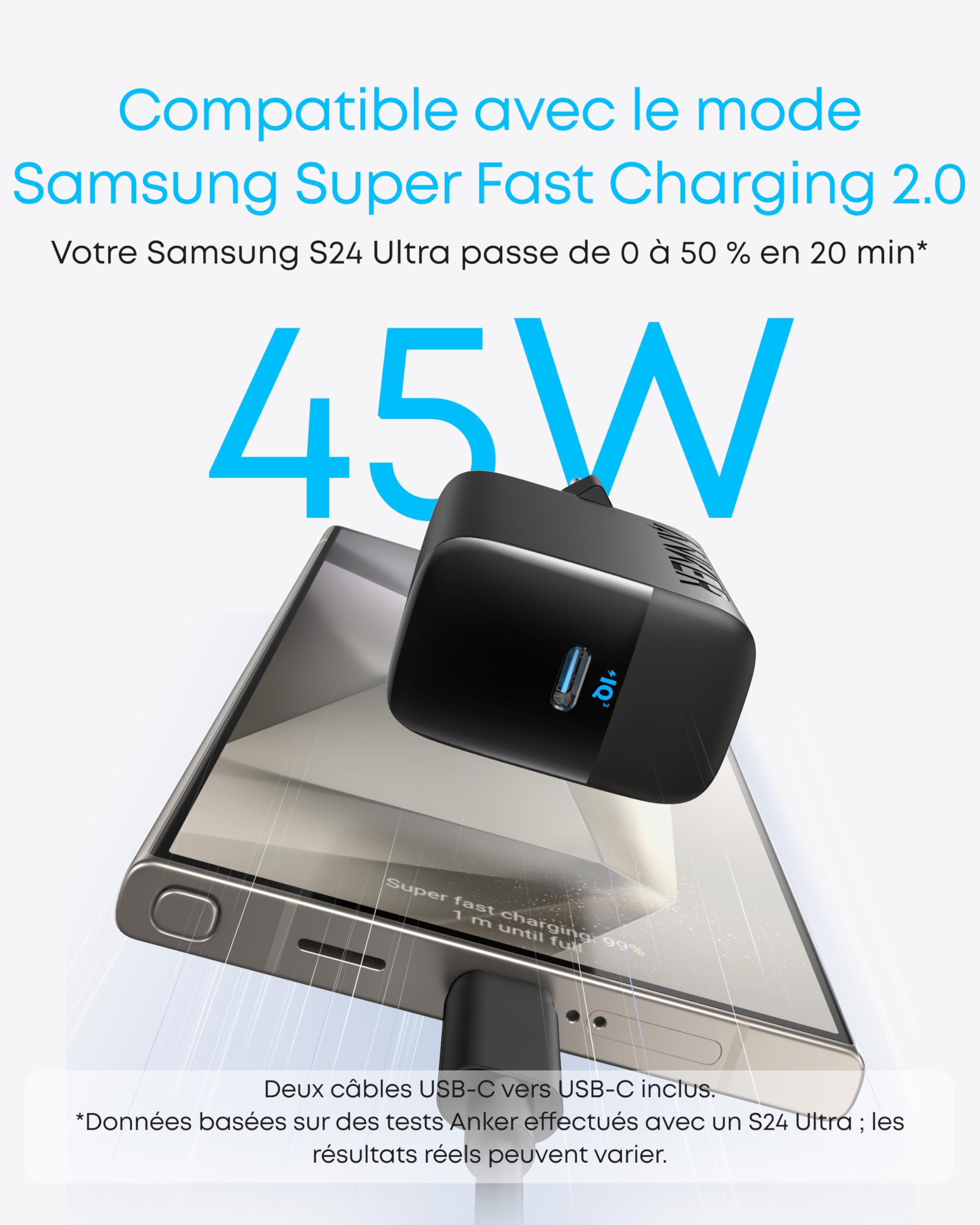 Anker Chargeur USB C Rapide 45 W,Chargeur iPhone Samsung Charge Rapide avec câble USB C,Compatible PPS,pour Samsung Galaxy S24 Ultra/S24/S23+/S23/S22/Note20,iPhone 17/17 Pro,Pixel,et Bien Plus Encore