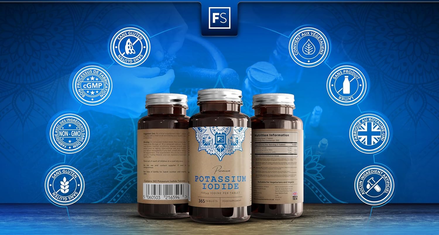 FS Iode de Potassium Supplément | 365 pastille de Potassium & Iode - 150mcg Iodure de Potasium par portion | Supplément Iode | Sans OGM Sans Gluten Sans Produit Laitier Sans Allergène