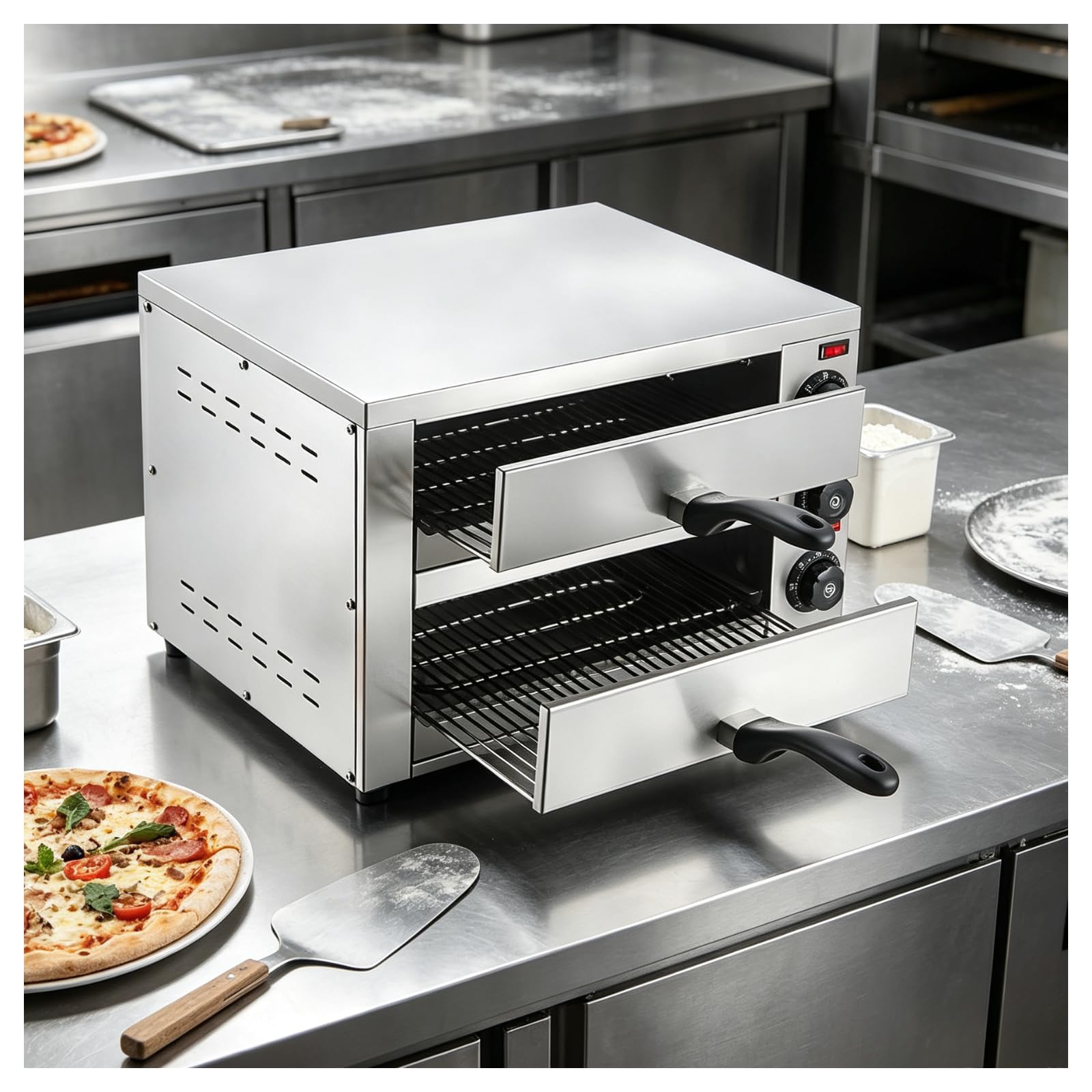 Komercyjny elektryczny piekarnik do pizzy – 16-calowy piekarnik na blat | Moc 2460W, szybkie nagrzewanie, 2 niezależne regulatory temperatury, wszechstronne pieczenie, solidna stal nierdzewna