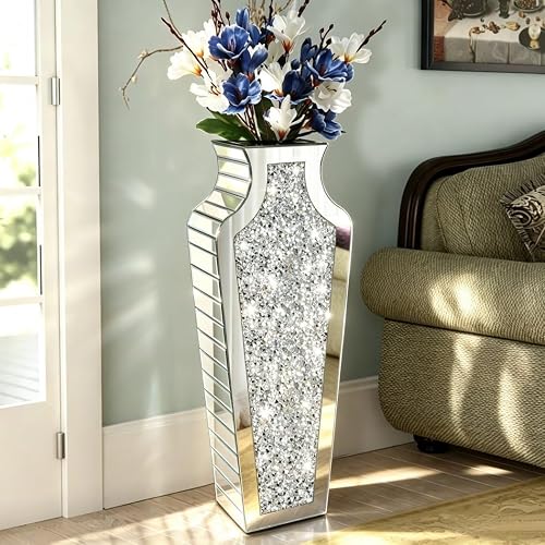 27" Tall Diamond Mirrored Floor Vase Silver Glass Decor for Flower No Water