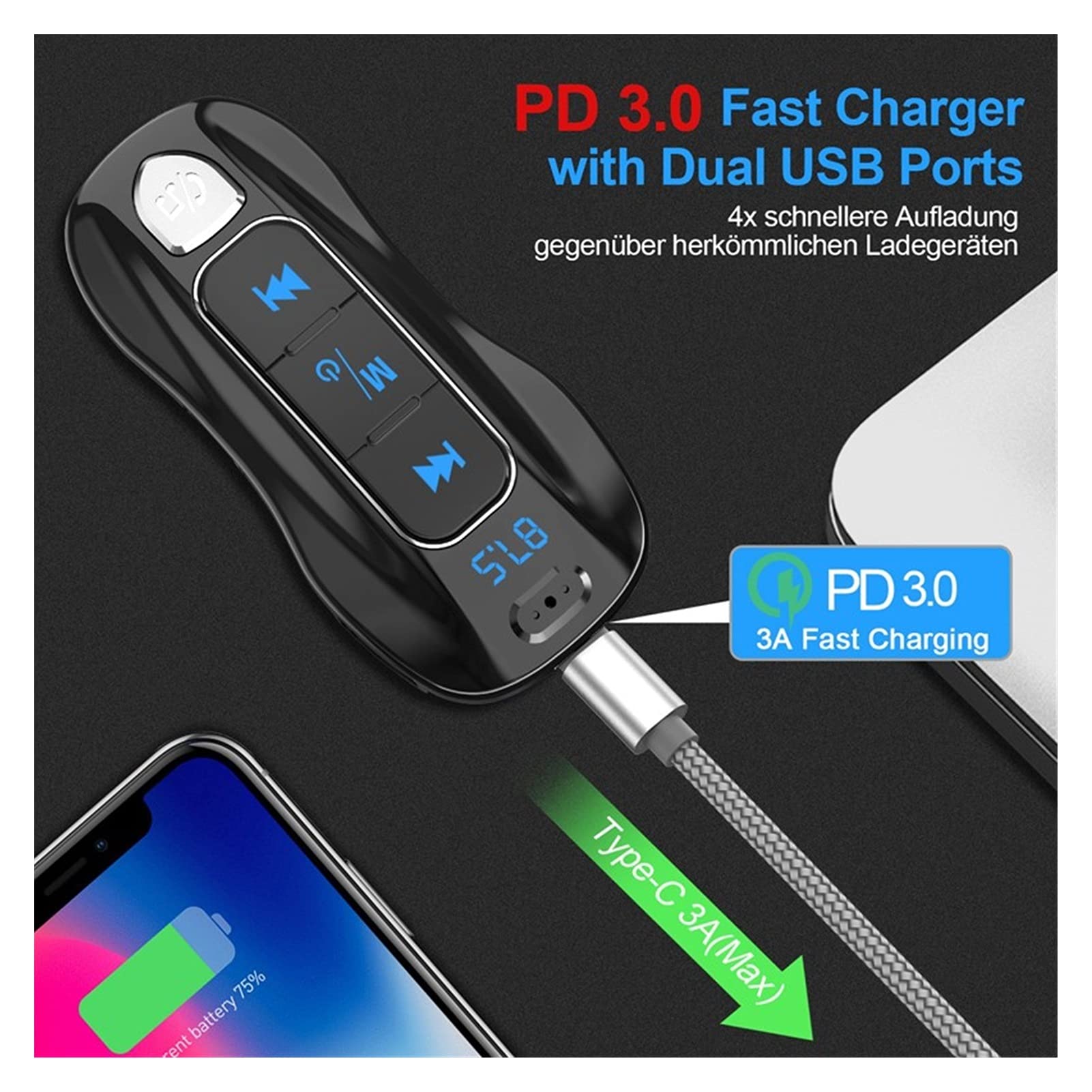 Adattatore Audio Bluetooth. Auto Pieghevole FM. Trasmettitore Bluetooth Bluetooth 5.0 MP3. Lettore Musicale PD3.0. Ricarica Rapida TF. Adattatore Radio Automatico Disco u Disco