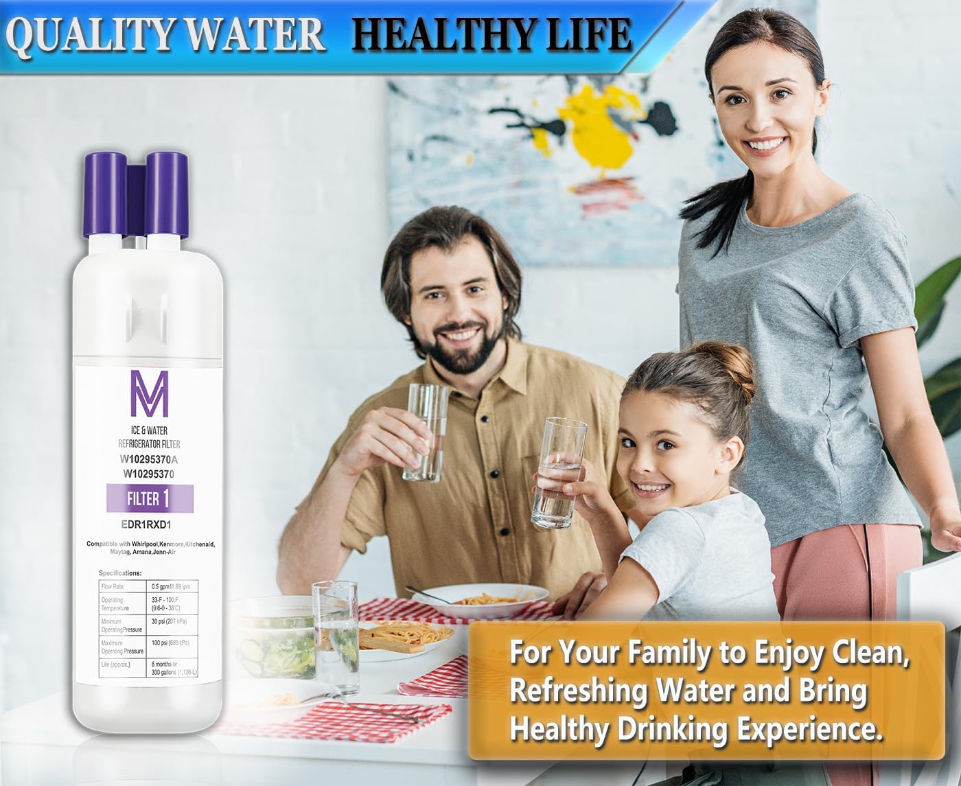 W10295370A Refrigerator Water Filter Replacement Compatible for Whirlpool EDR1RXD1, Everydrop Filter 1, W10295370, W10276924, WHR1RXD1, KAD1RXD1, P4RFWB, P5WB2L, P8RFWB2L (4-PCS)