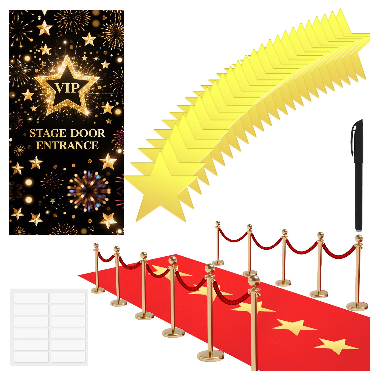 Red Carpet Runner For Party 2.6 x 15 ft Prom Decoration Not Slip Red Aisle Rug VIP Stage Door Entrance Cover With Star Movie Theme Floor Carpet for
