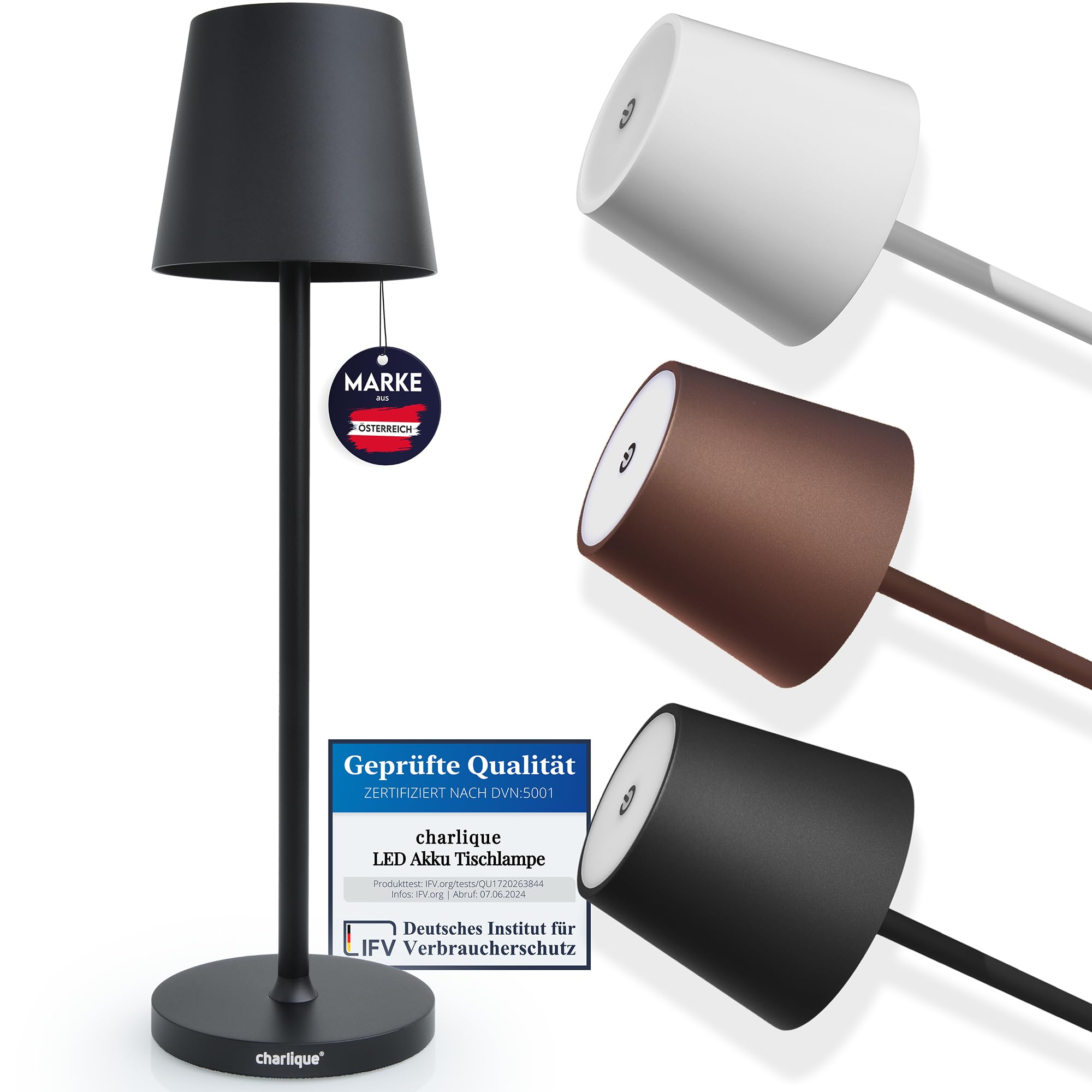charlique® LED Tischlampe kabellos (schwarz) - Dinner Light 38 cm - Premium Akku Tischleuchte mit USB, für indoor und outdoor, warmes Licht