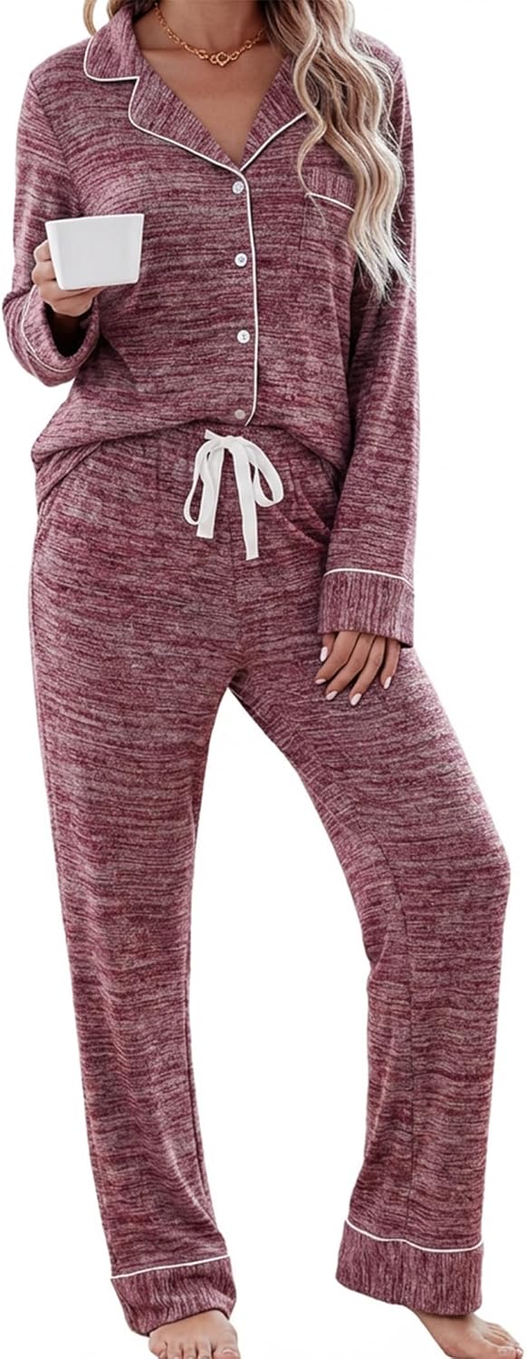 Leikar Button Up Pajama Set For Women Long Sleeve Shirt And Pajama Pants Soft Pjs Lounge Sets