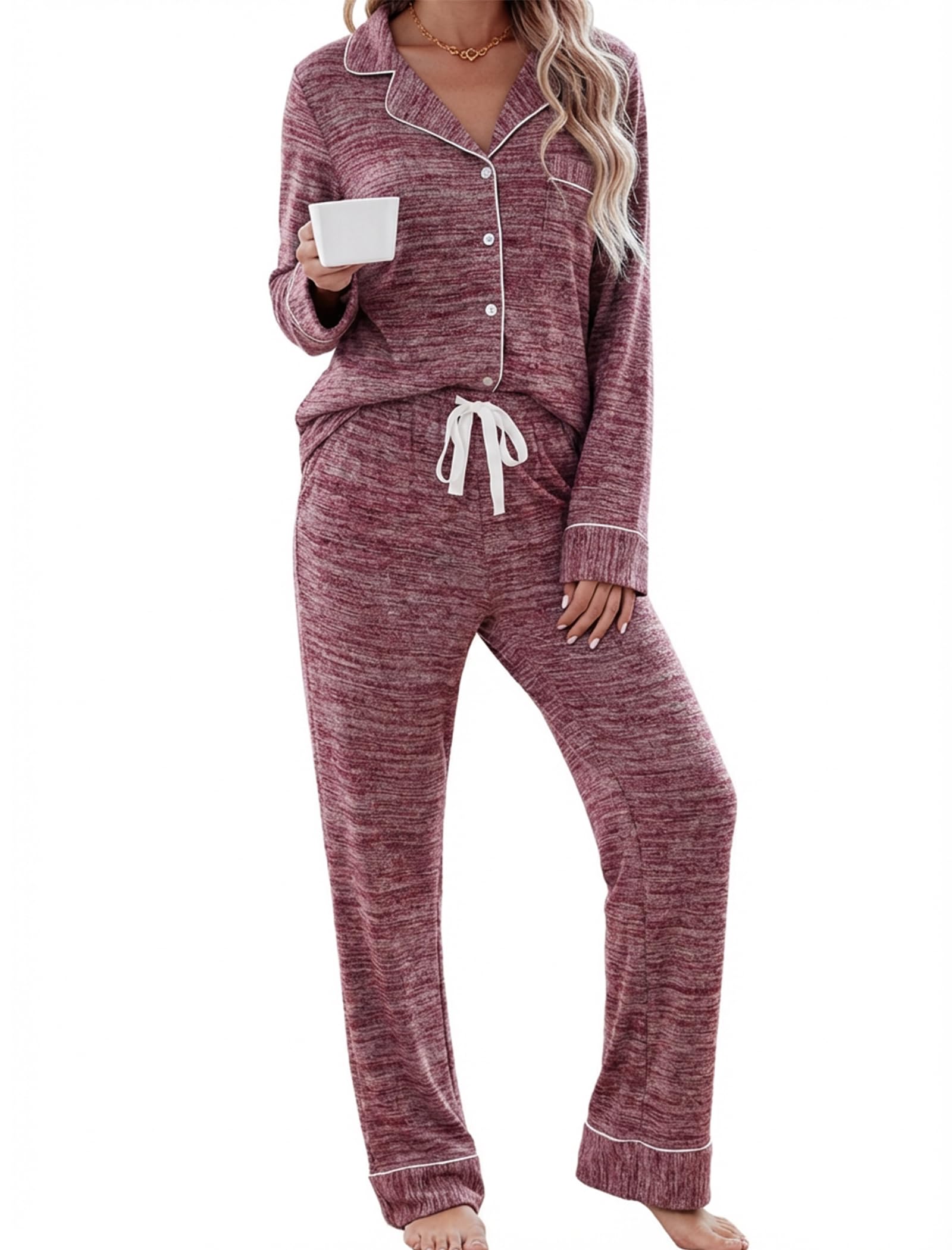Leikar Button Up Pajama Set For Women Long Sleeve Shirt And Pajama Pants Soft Pjs Lounge Sets