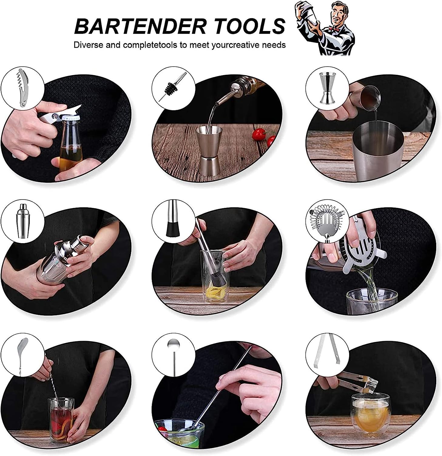 Kit de Cocteleria Kit De Fabricación De Barman De 14 Uds., 750ml, Con Soporte De Madera, Mezclador De Bebidas, Coctelería, Herramienta De Bar, Barra De Casa Juego De Coctelera Para Cócteles(Gold)