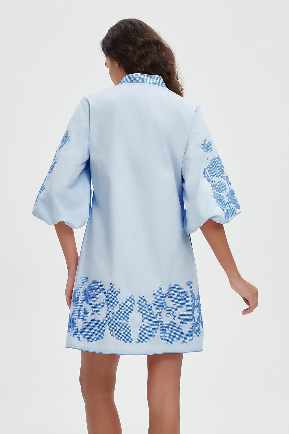D-Sun Women Floral Embroidery Mini Dress 3/4 Puff Sleeves V Neck Tunic Mini Dress Zip Party Dresses - Image 2