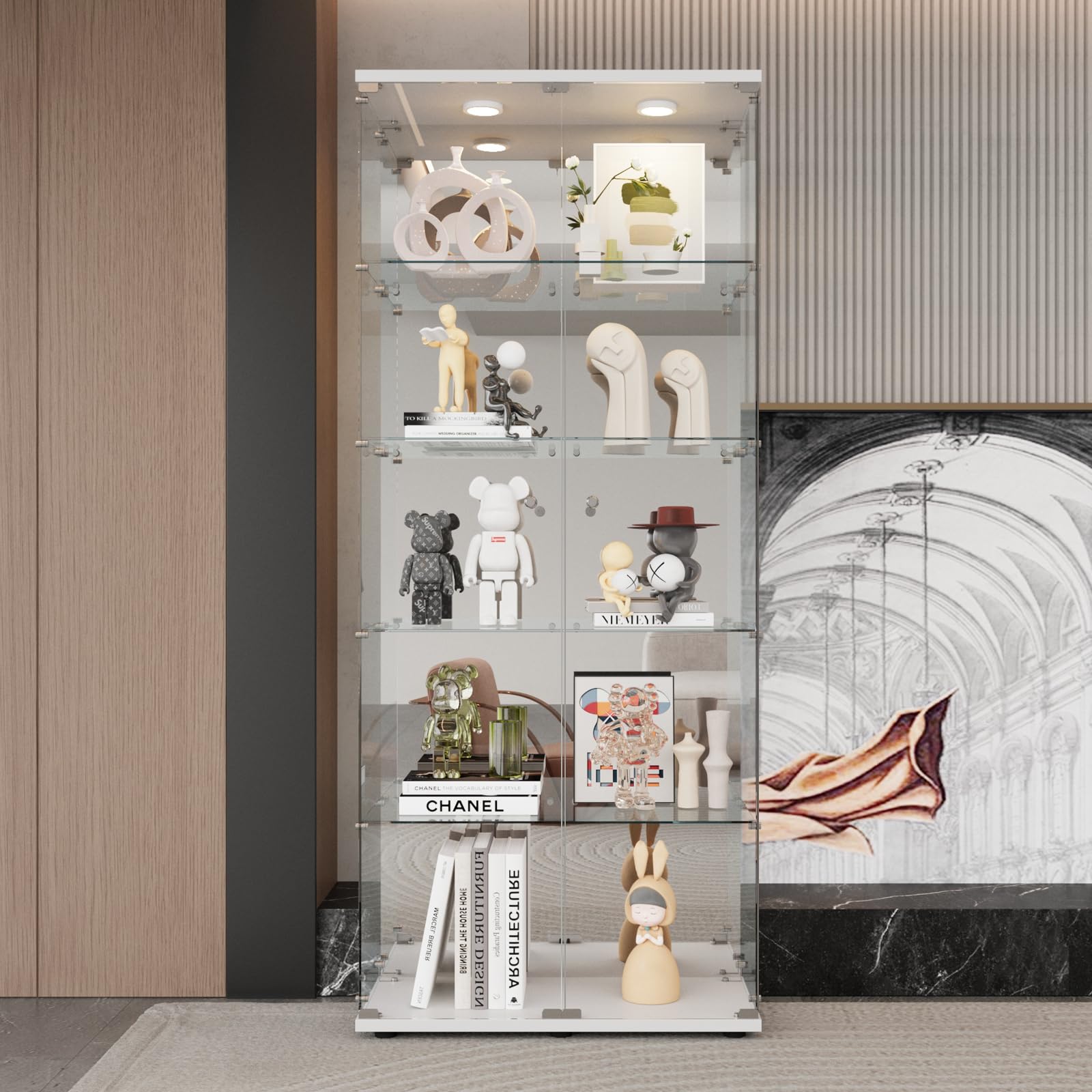 LFT HUIMEI2Y Glass Display Cabinet 5-Shelf with LED Light, Mirror and Lock, 2 Door Curio Cabinets, Tempered Glass Collection Display Showcase for Bedroom, Living Room White
