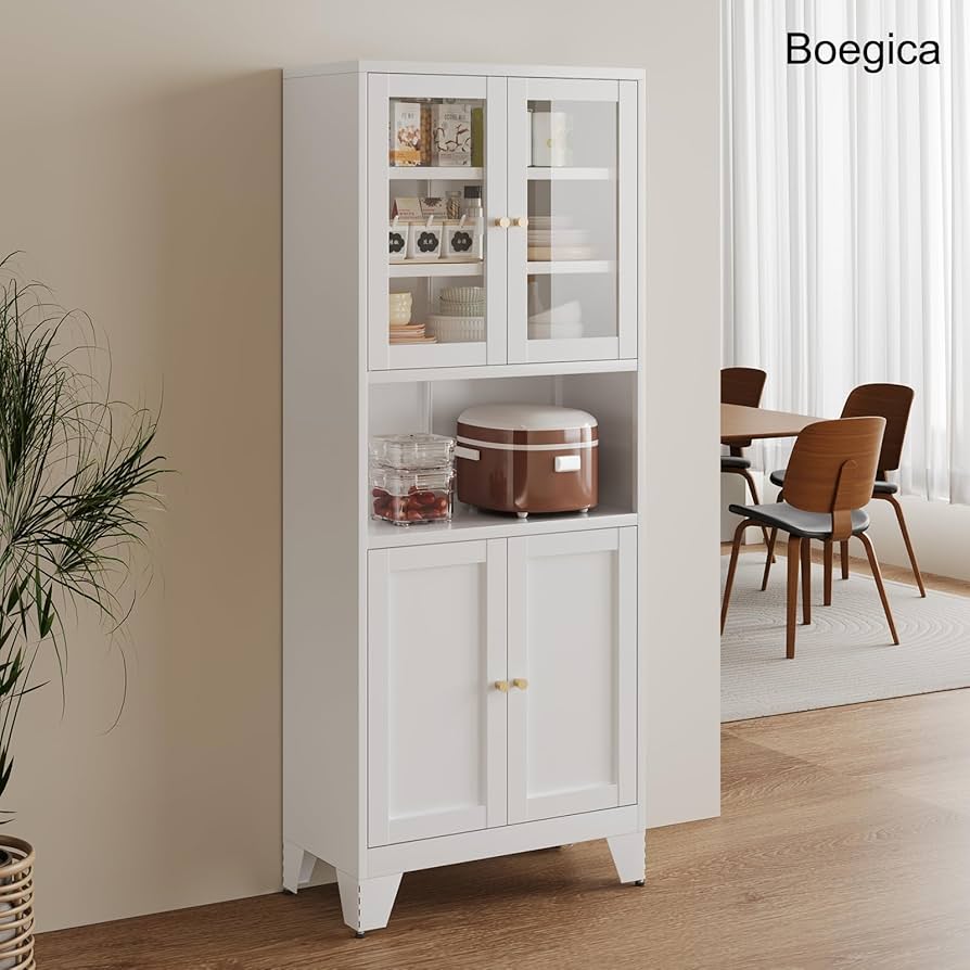 Amazon｜Boegica 食器棚 鋼製 キッチン収納 ガラス扉付き 幅70×奥行35