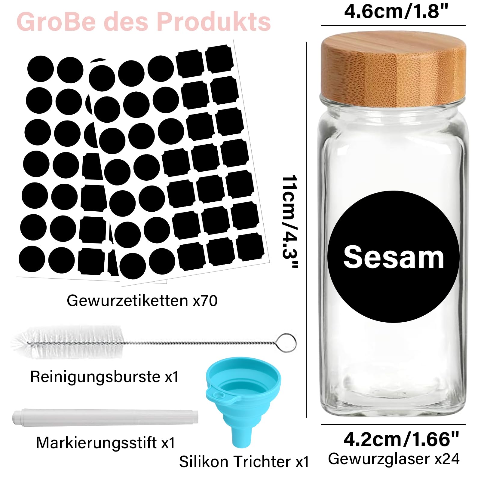 24 Pièces Pot a Epices en Verre et Bois,120 ml Bocaux à Épices,Pots à Épices Cuisine,Pot Epices Verre avec Tamis Étiquettes Brosser Entonnoir,Bocaux Epices pour Rangement des Épices Cuisine
