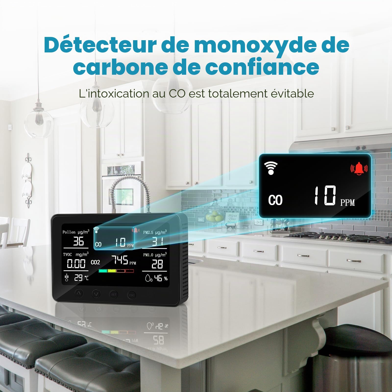 CF-30 Appareil de mesure de la qualité de l'air pour pollen, CO2, PM2,5, PM1,0, TVOC, température, humidité, CO2 avec grand écran LCD, application de configuration et historique des données
