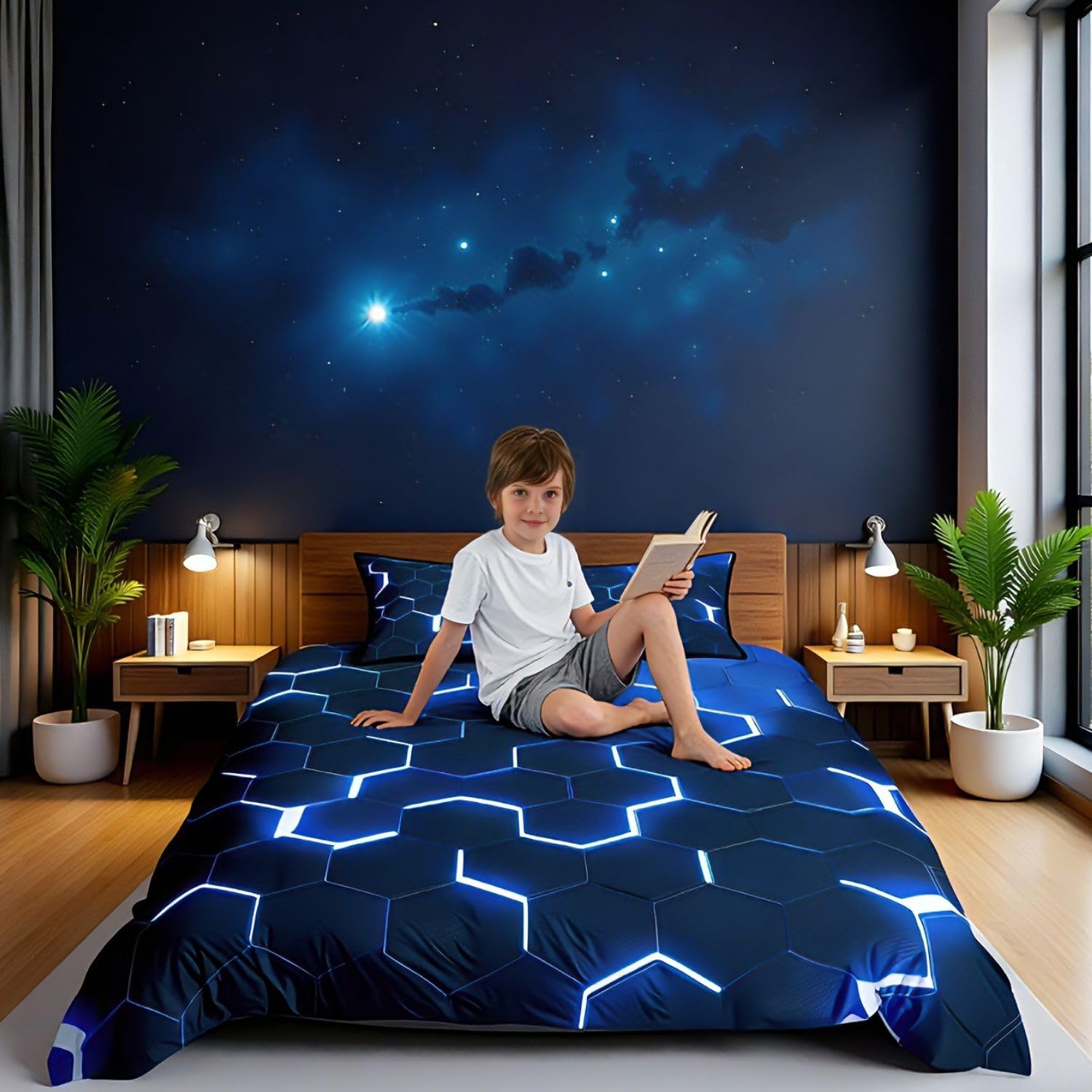 Homewish Honeycomb Comforter Cover Neon Light Geometric Bedding Set Single For Kids Boys Teens, Hexagonal Duvet Cover Soft Microfiber Quilt Cover Zipper 1 Pillow Case Blue Black Room Decor