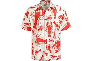 Lobster Party Print Short Sleeve Button Down Hawaiian Shirt for Men